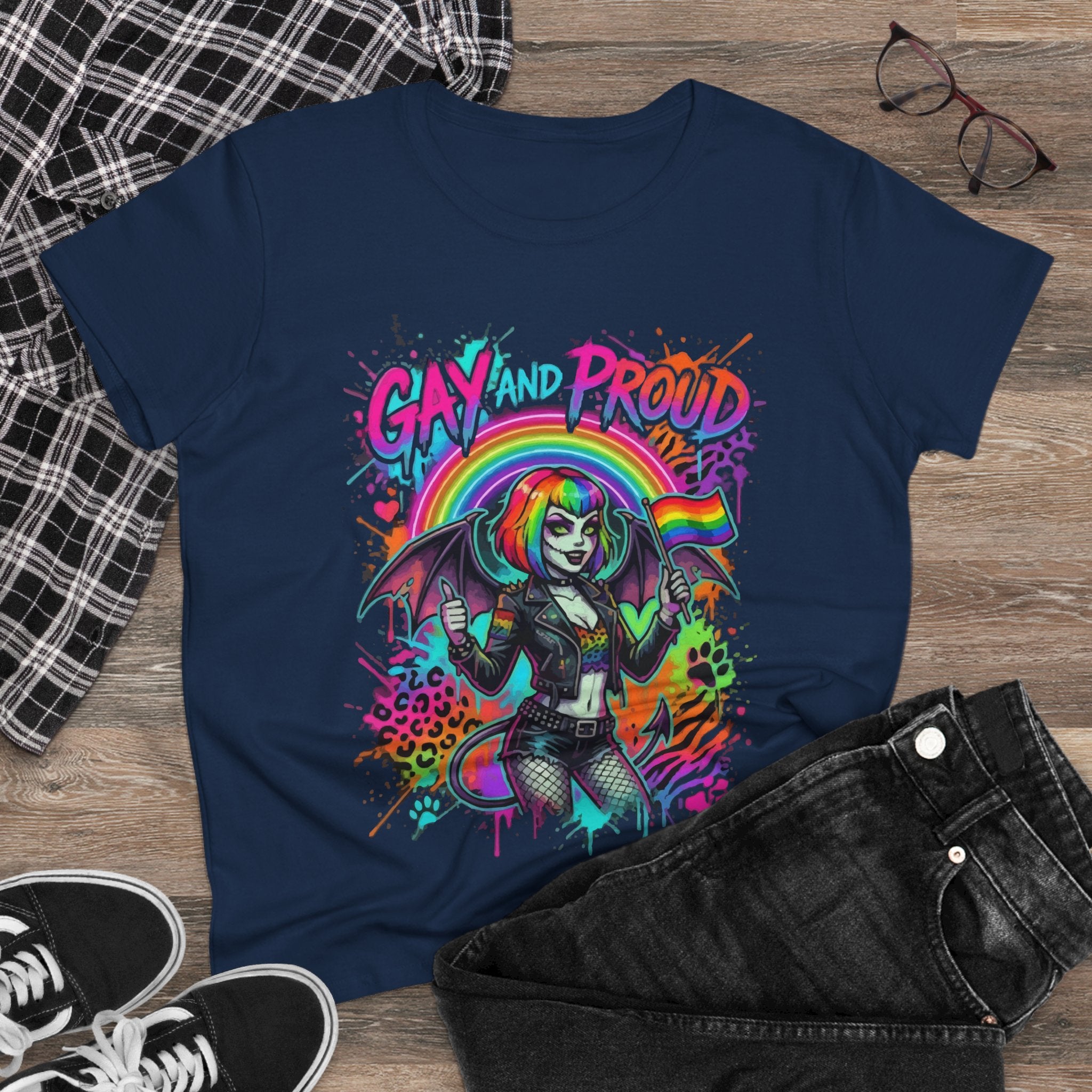 Gay and Proud Rainbow Goth Tee — Women's Pride Graphic T-Shirt