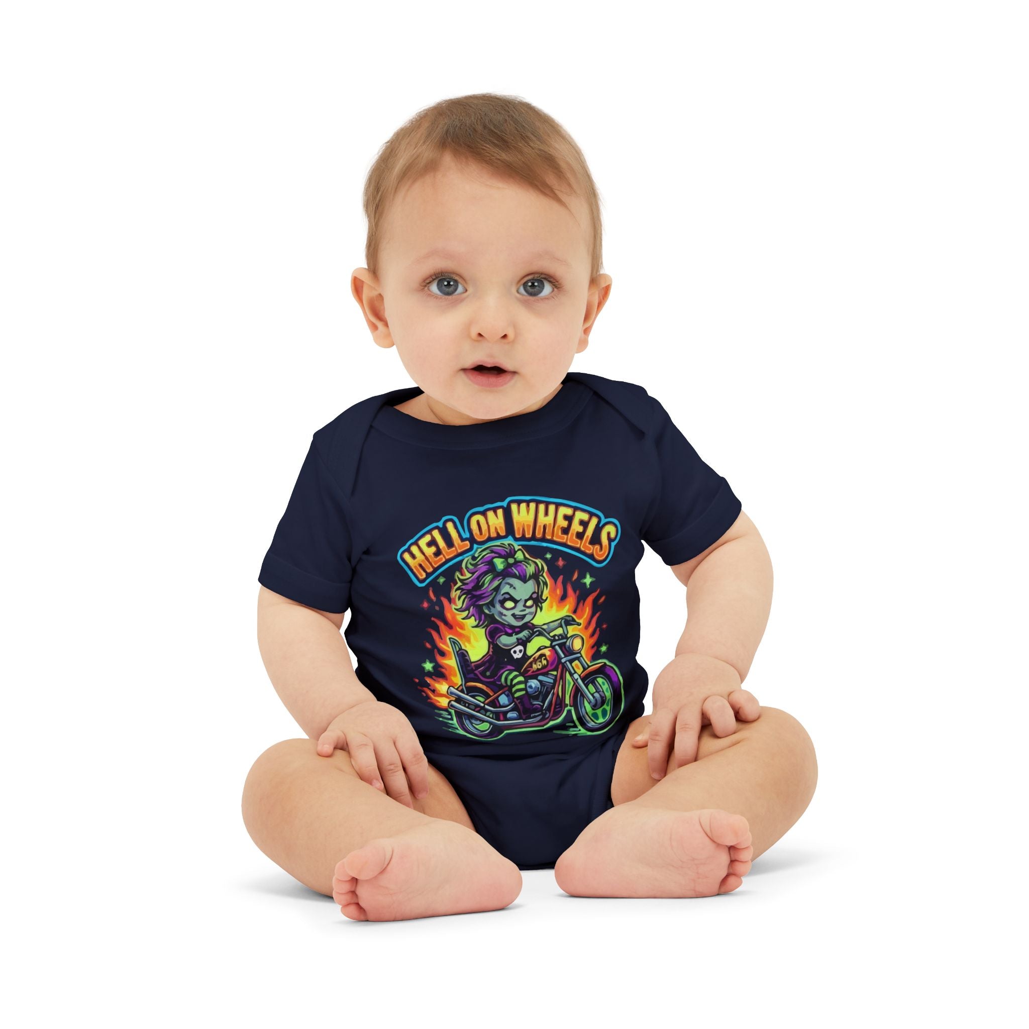 Infant Onesie - "Hell on Wheels" Baby Motorcycle Rider Graphic Bodysuit