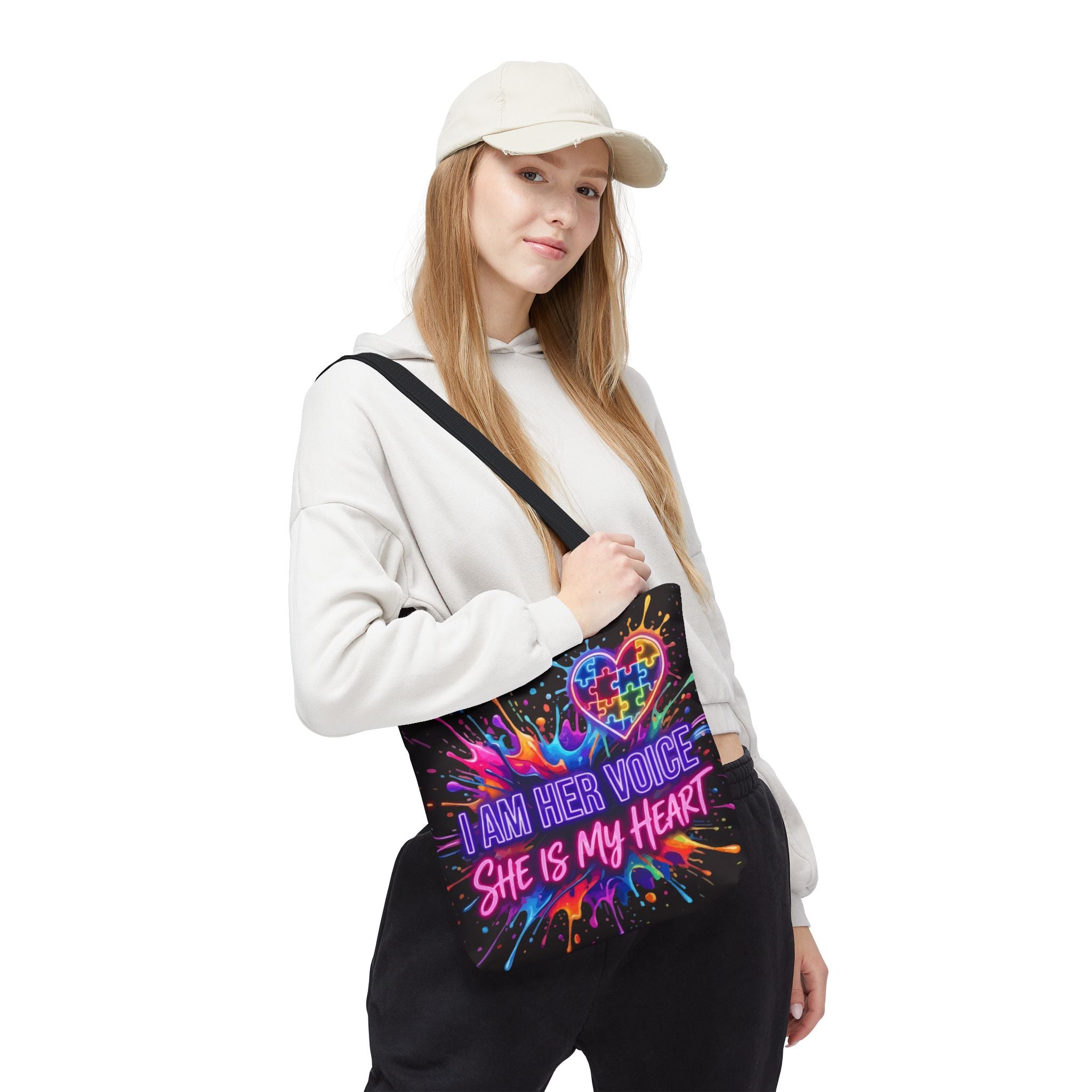 Autism Awareness Tote Bag - "I Am Her Voice, She Is My Heart" Colorful Puzzle Heart Carryall