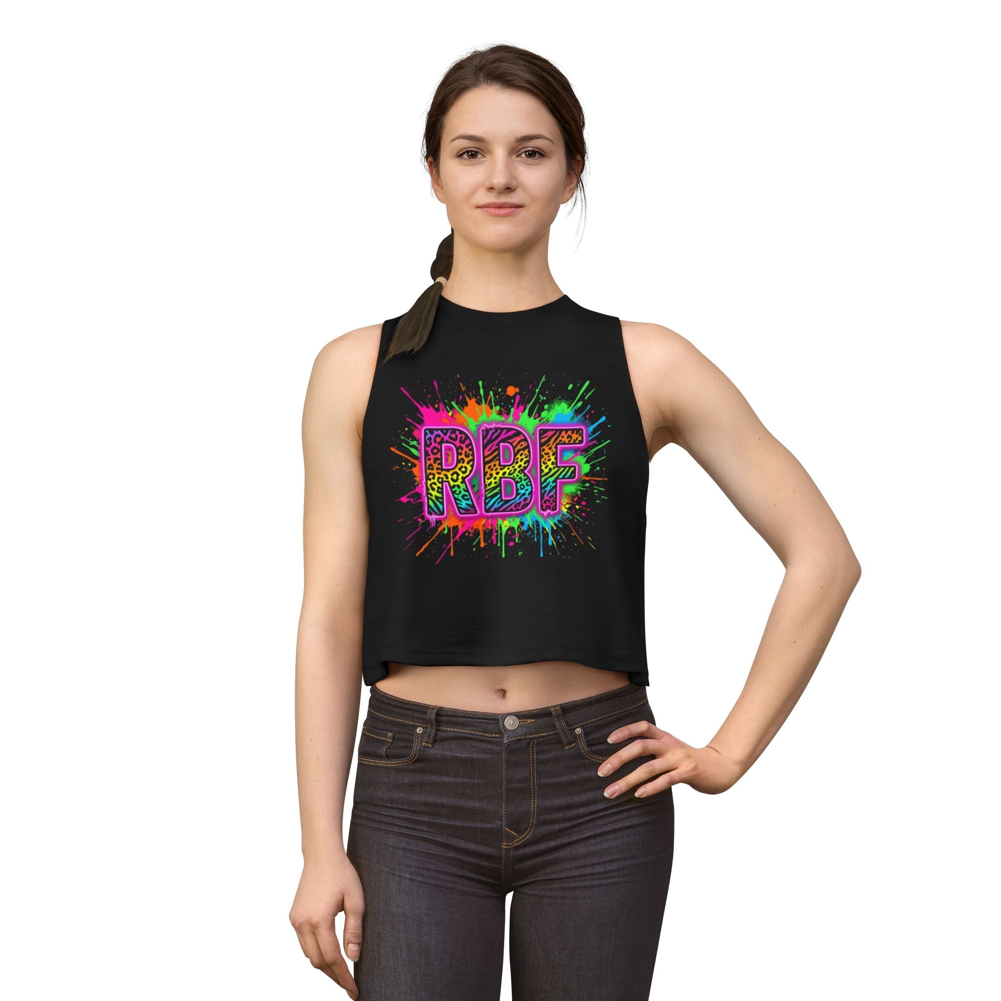 RBF Neon Splash Crop Top — Colorful Leopard Print Graphic