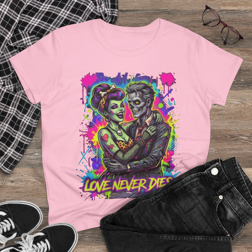 Women's Tee — Neon Zombie Couple "Love Never Dies" Graphic