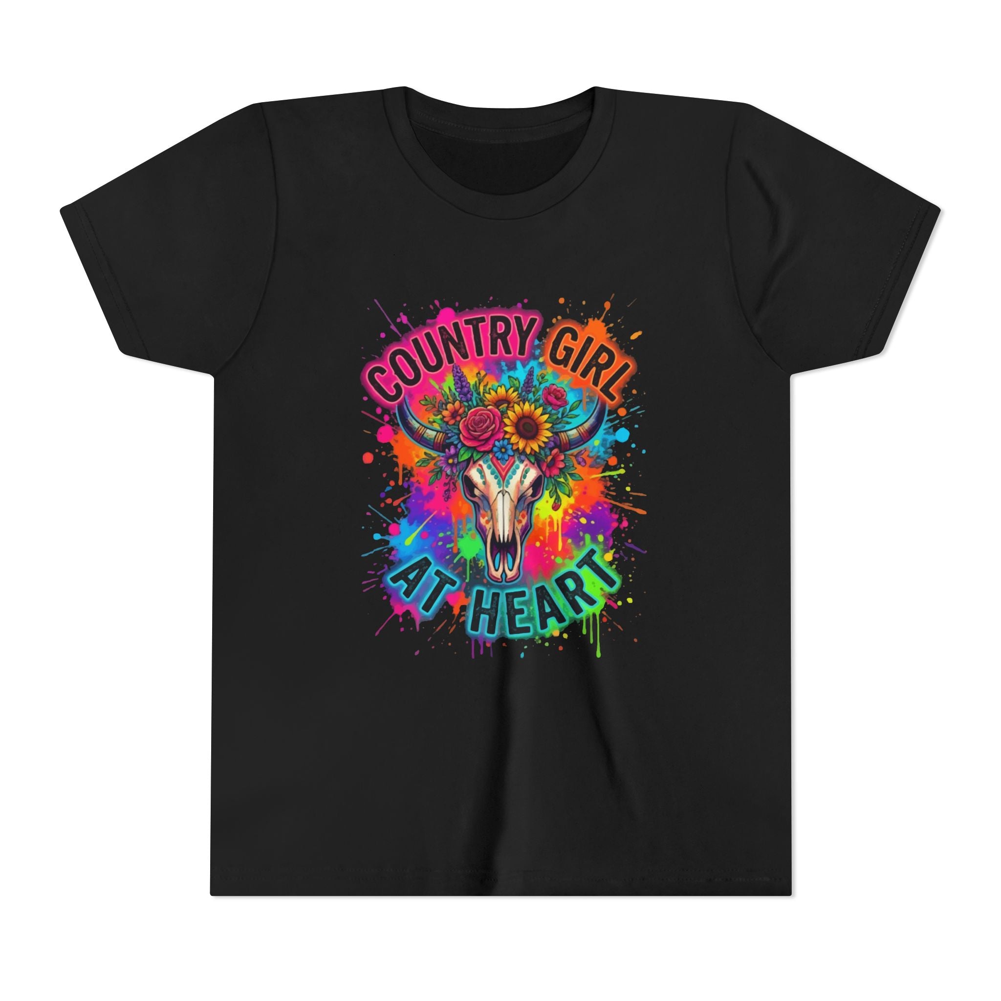 Youth Tee — "Country Girl at Heart" Colorful Cow Skull Graphic