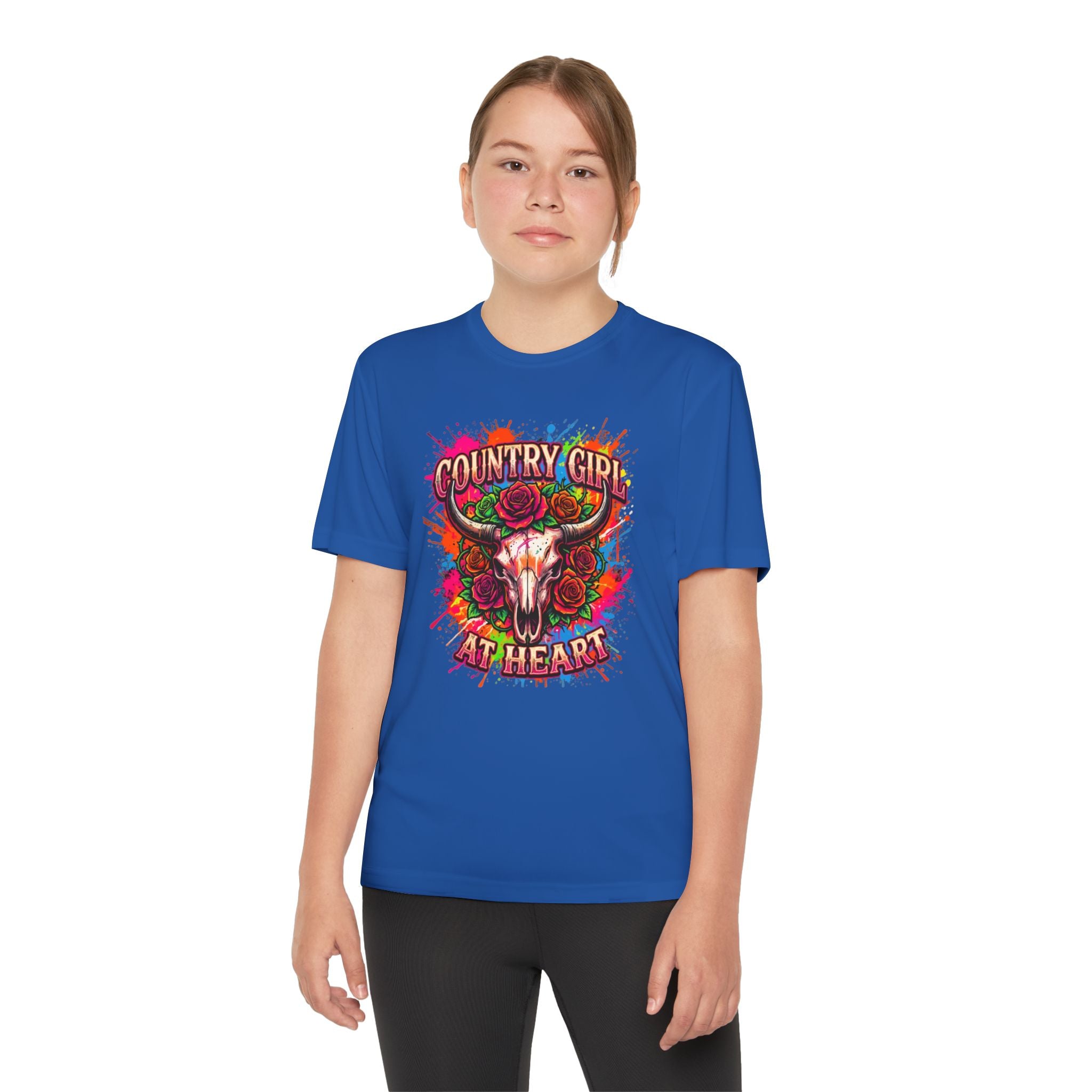 Youth T-Shirt — "Country Girl at Heart" Floral Bull Skull Graphic