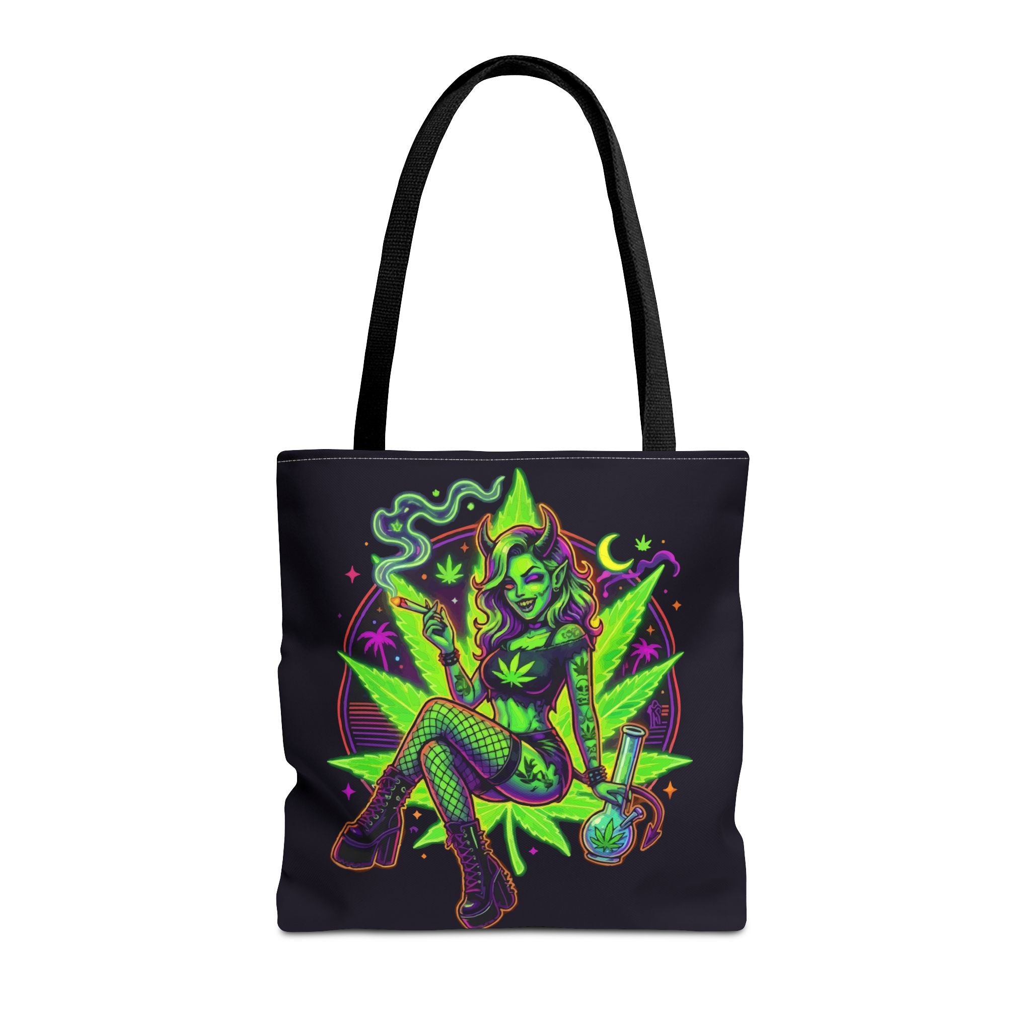 Psychedelic Witch Tote Bag — Neon Cannabis Pinup All-Over Print