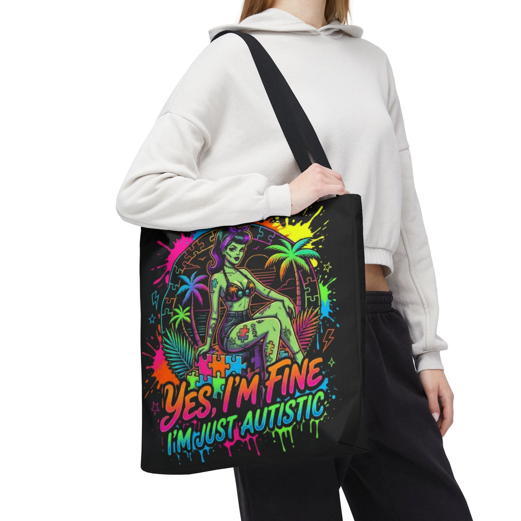 Autistic Pride Tote Bag — “Yes, I’m Fine, I’m Just Autistic” Neon Pinup Tote