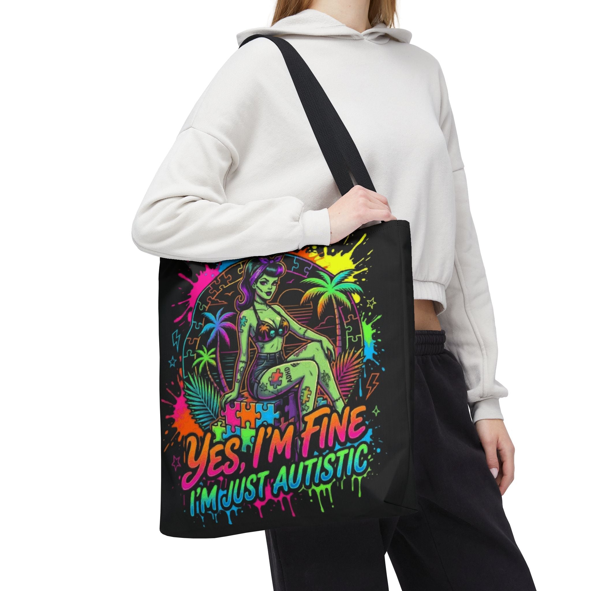 Autistic Pride Tote Bag — “Yes, I’m Fine, I’m Just Autistic” Neon Pinup Tote