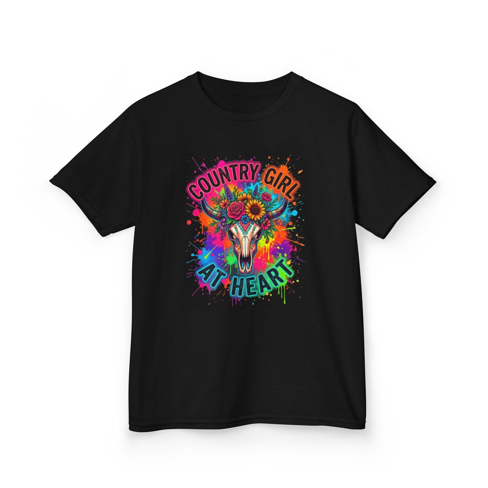 Kids T-Shirt - "Country Girl At Heart" Colorful Skull & Flowers Tee