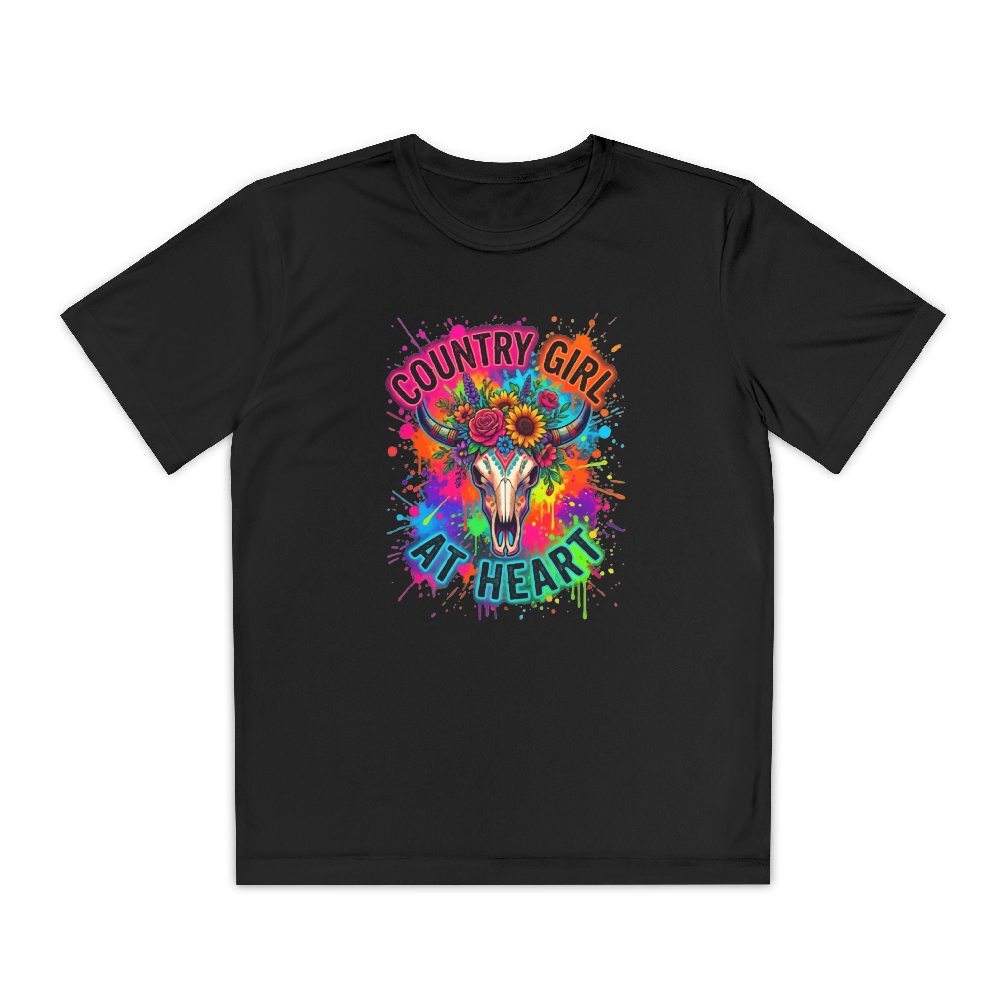 Country Girl at Heart Youth Tee — Colorful Floral Bull Skull Graphic