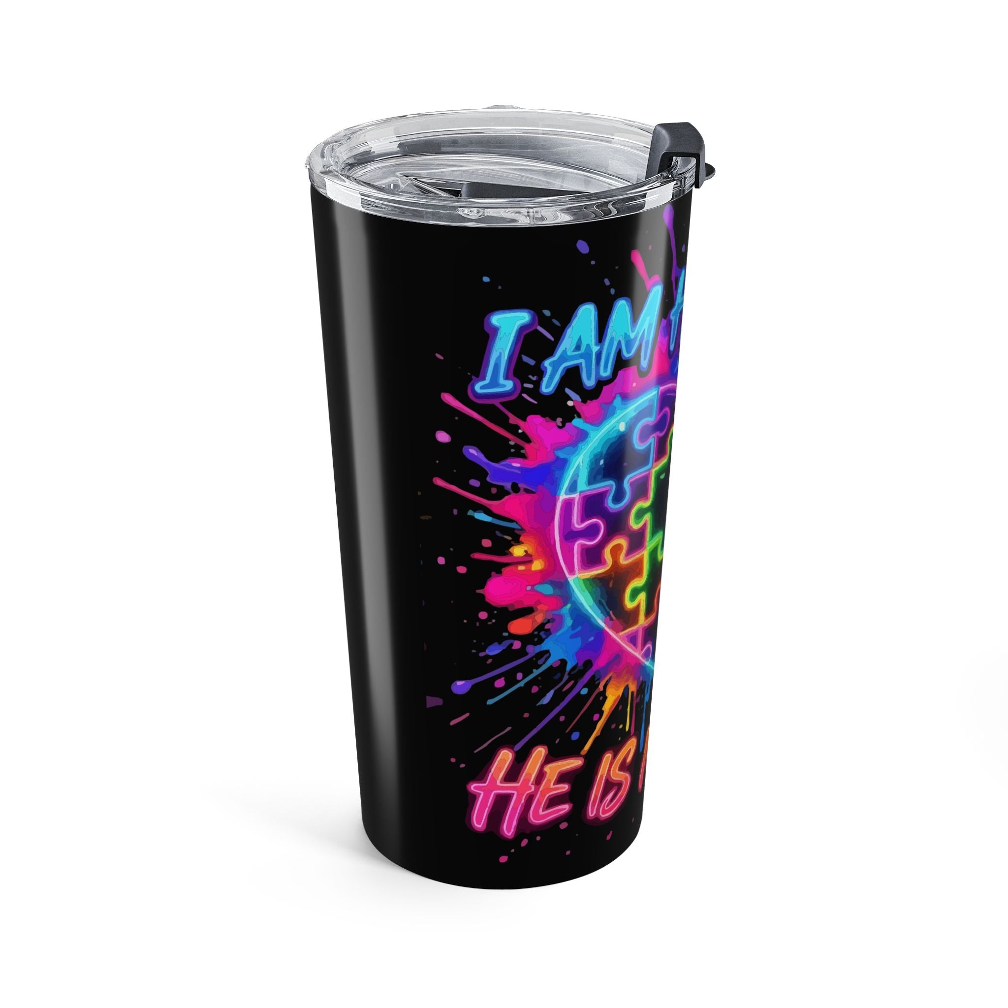 Autism Puzzle Heart 20oz Tumbler — Neon "He’s My Voice" Travel Cup