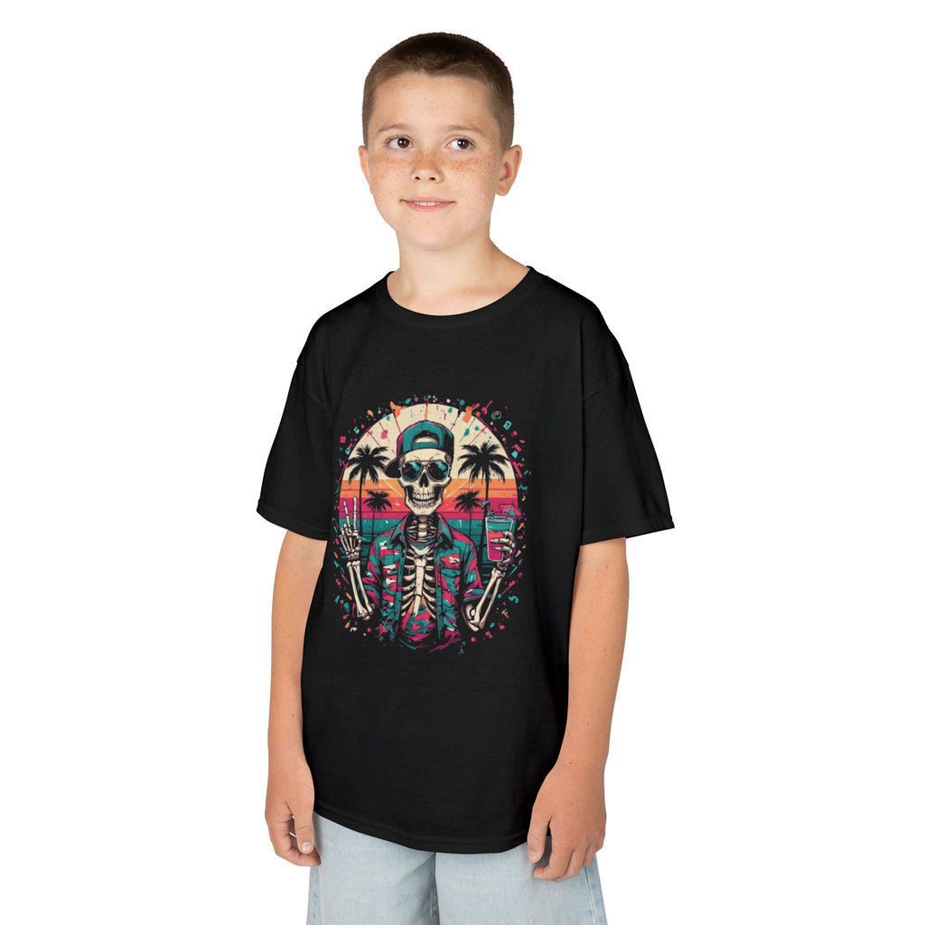 Kids Tee — Retro Beach Skeleton Graphic (Skull, Palm Trees, Sunset)