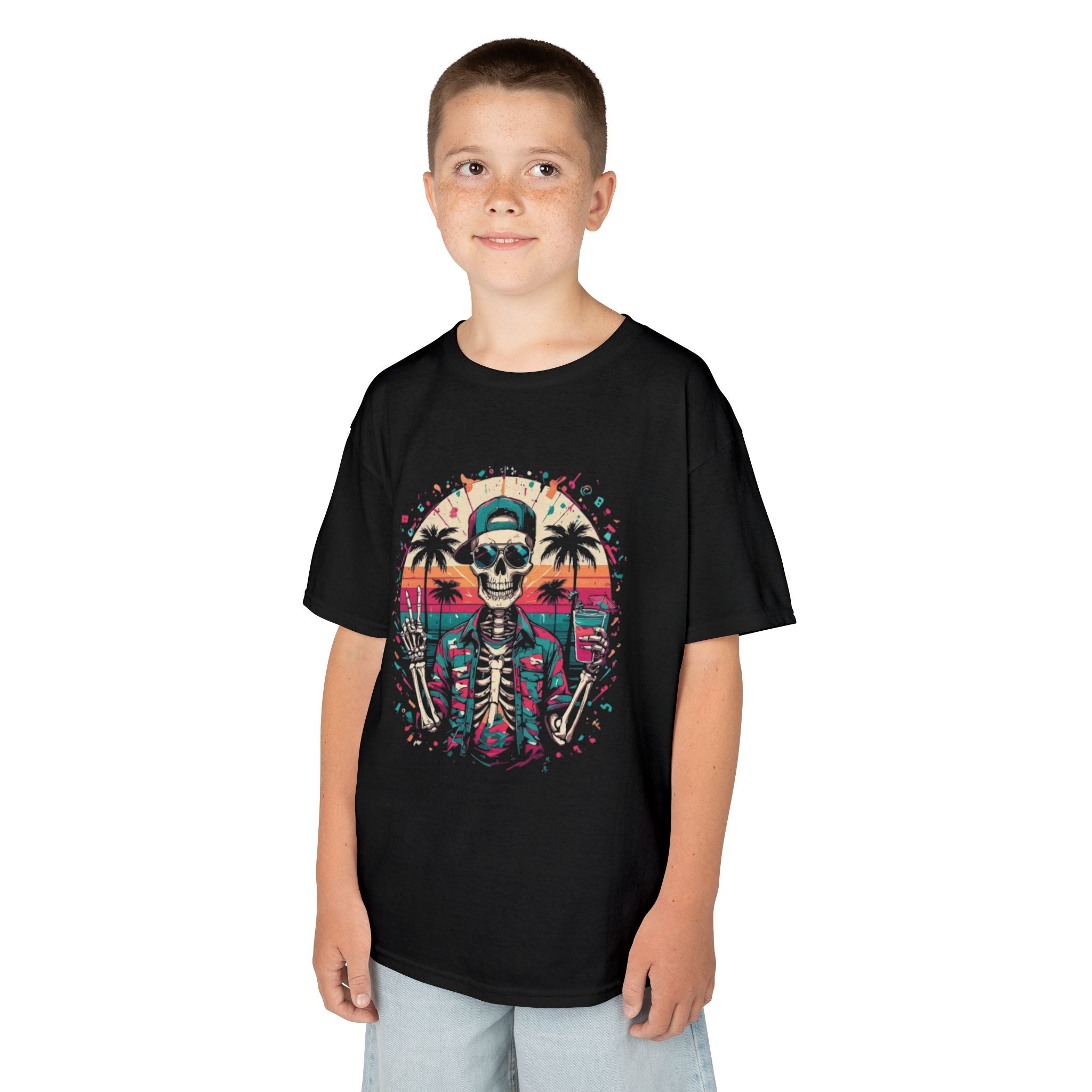 Kids Tee — Retro Beach Skeleton Graphic (Skull, Palm Trees, Sunset)