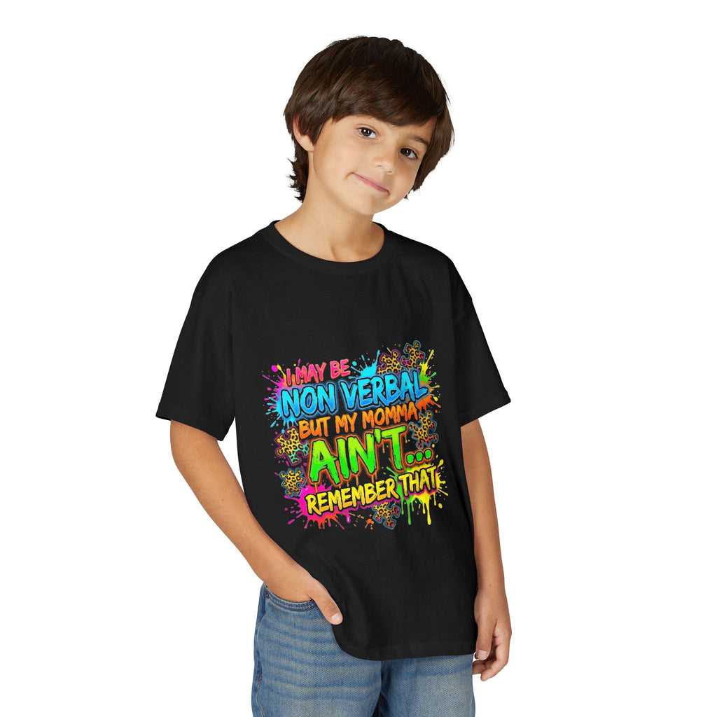 Youth T-Shirt — Neon Graffiti "I Maybe Non Verbal but My Momma Ain't Remember That" Graphic Tee