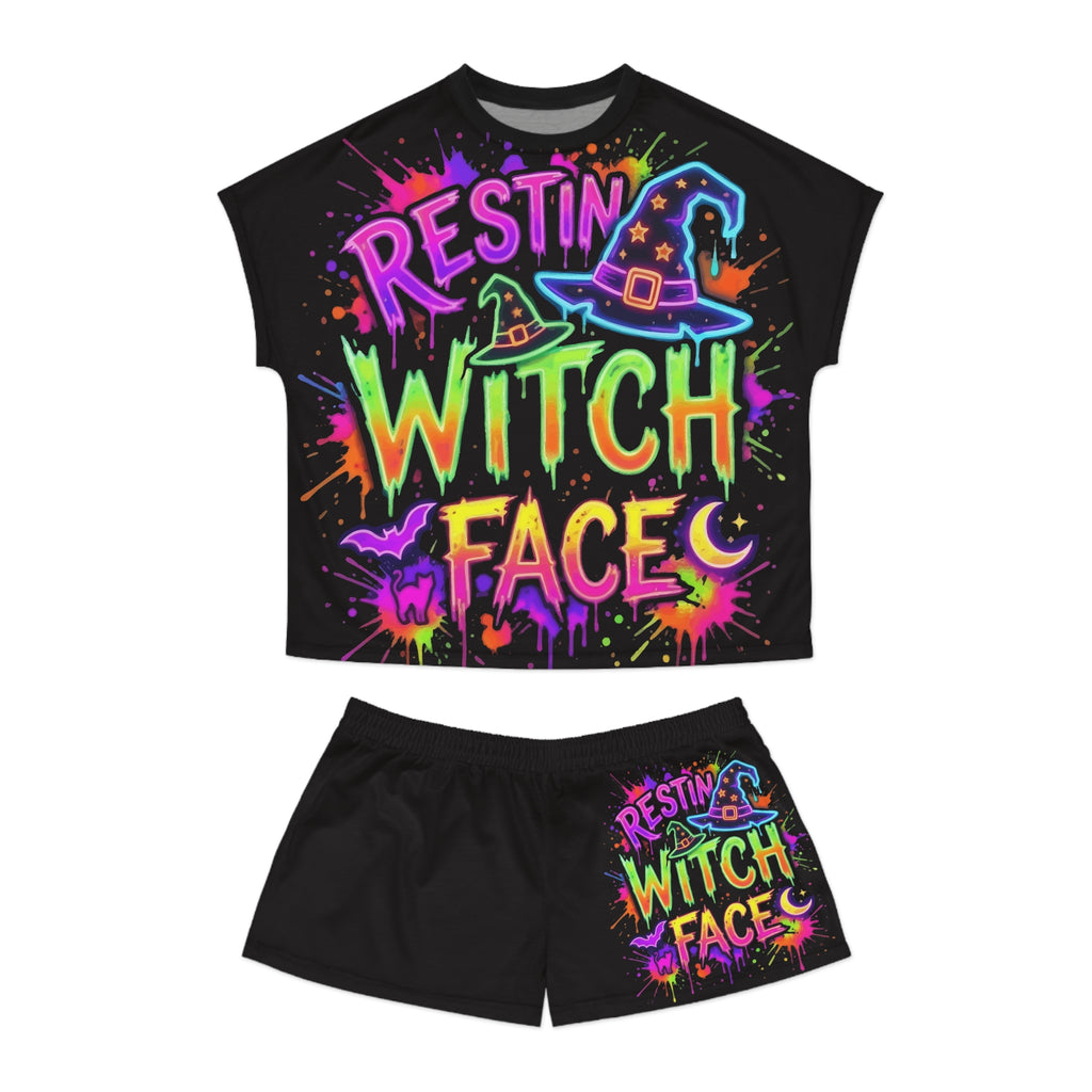 Resting Witch Face Women's Pajama Set - Neon Halloween Short Sleepwear