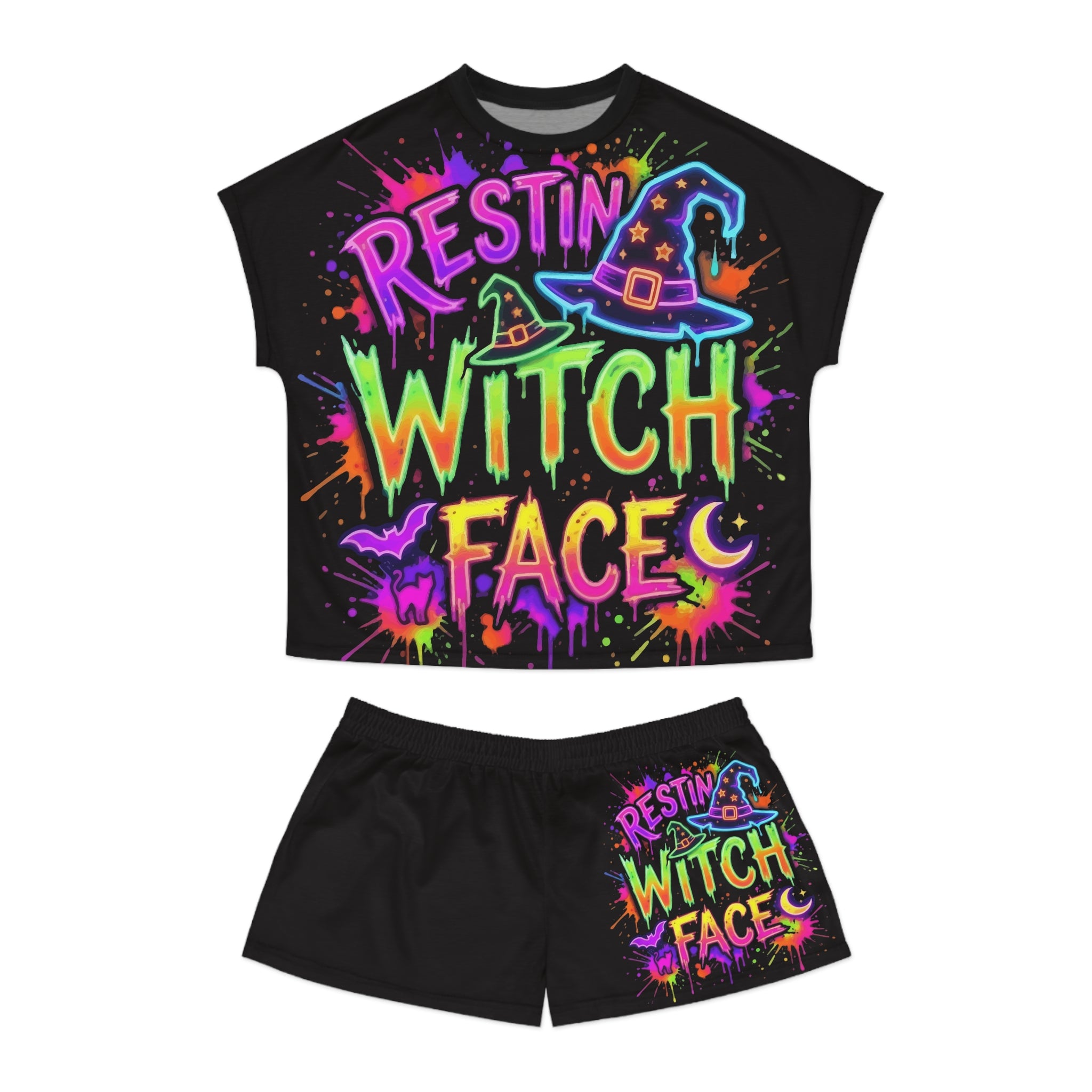 Resting Witch Face Women's Pajama Set - Neon Halloween Short Sleepwear