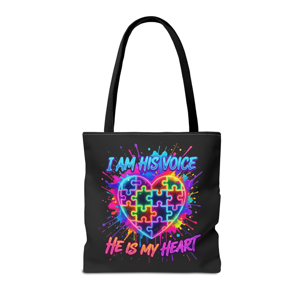 Autism Awareness Tote Bag — "I Am His Voice, He Is My Heart" Colorful Puzzle Heart