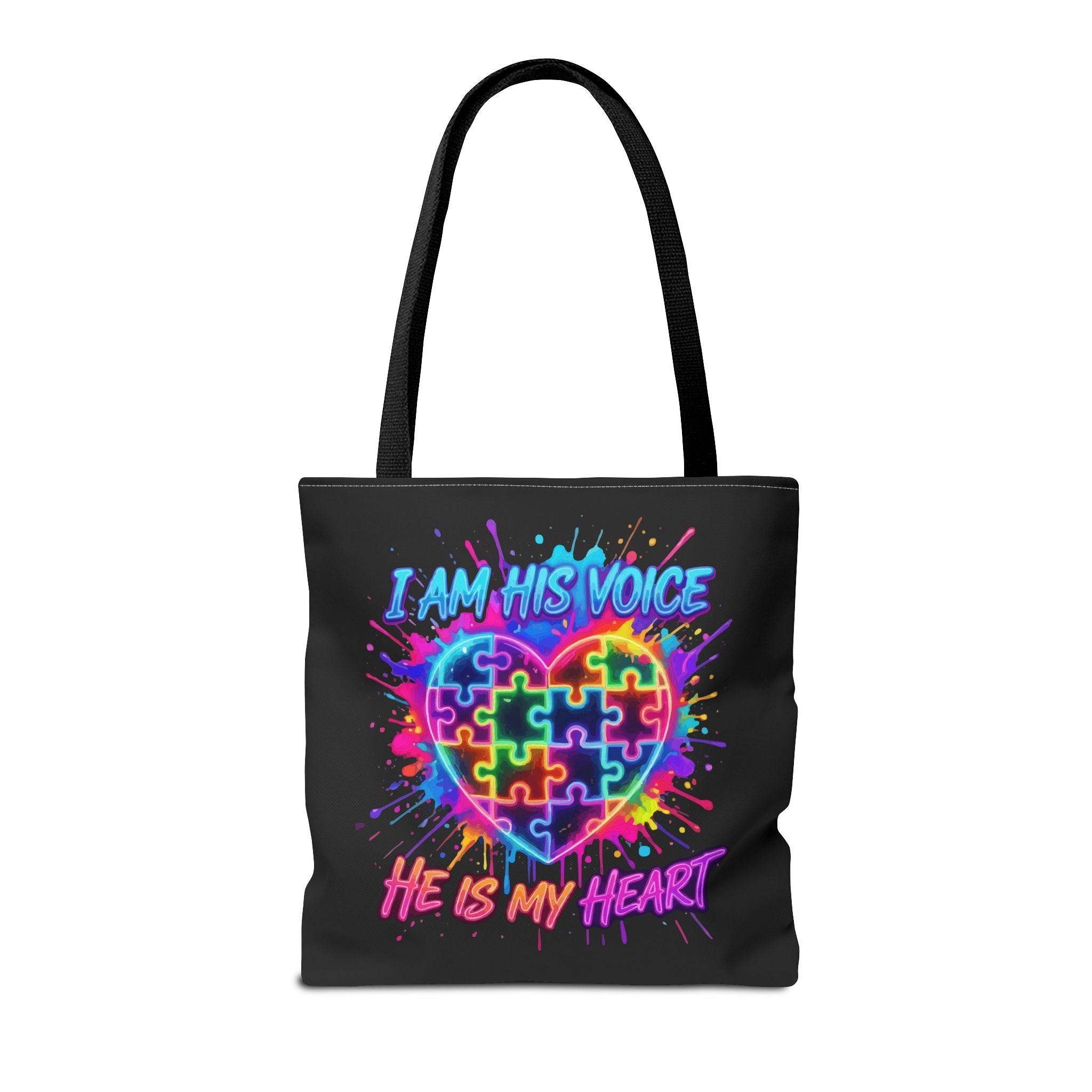 Autism Awareness Tote Bag — "I Am His Voice, He Is My Heart" Colorful Puzzle Heart