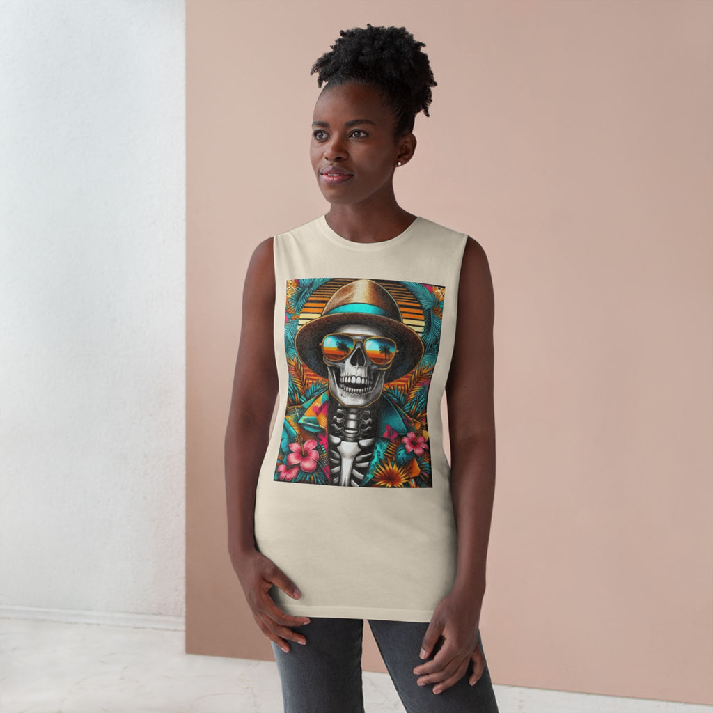 Skeleton Sun Hat Tank Top — Tropical Day of the Dead Skull Graphic Tank