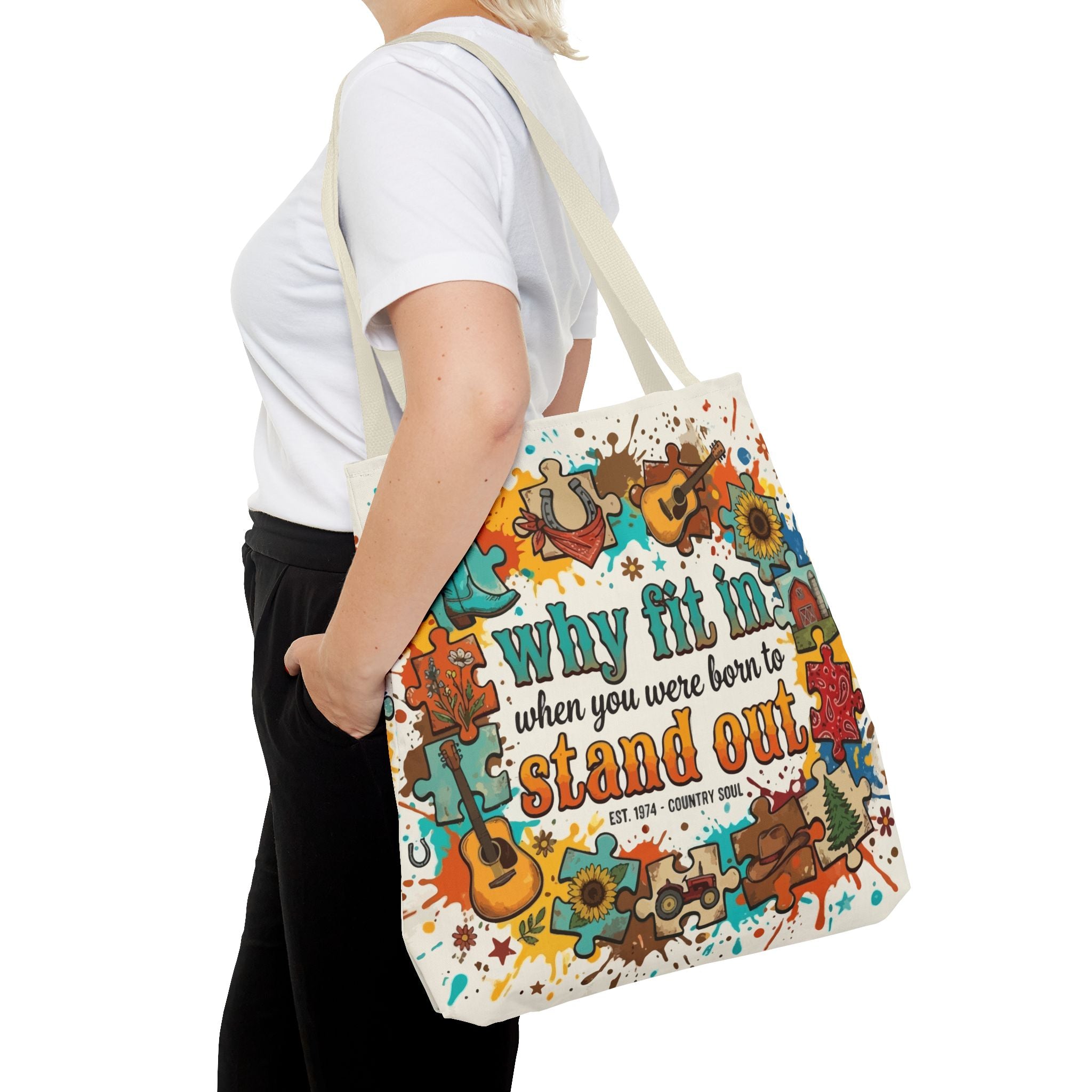 Stand Out Tote Bag — "Why Fit In When You Were Born to Stand Out" Colorful Boho Guitar Design