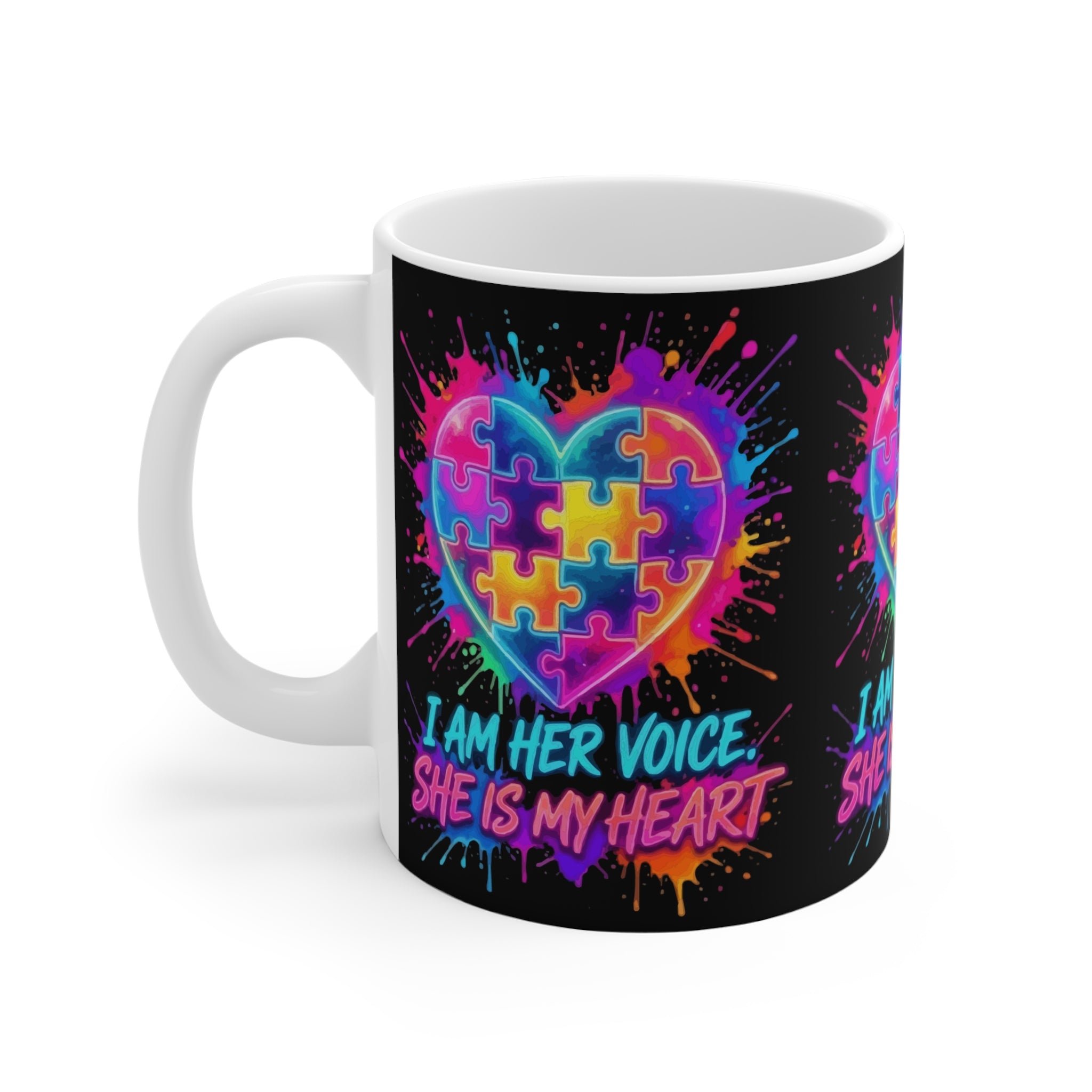 Autism Awareness Mug — "I Am Her Voice, She Is My Heart" Colorful Puzzle Heart