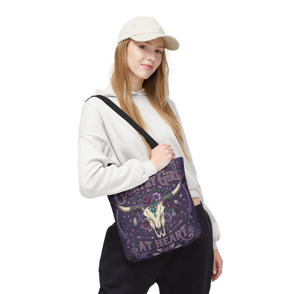 Country Girl at Heart Tote Bag — Floral Bull Skull All-Over Print