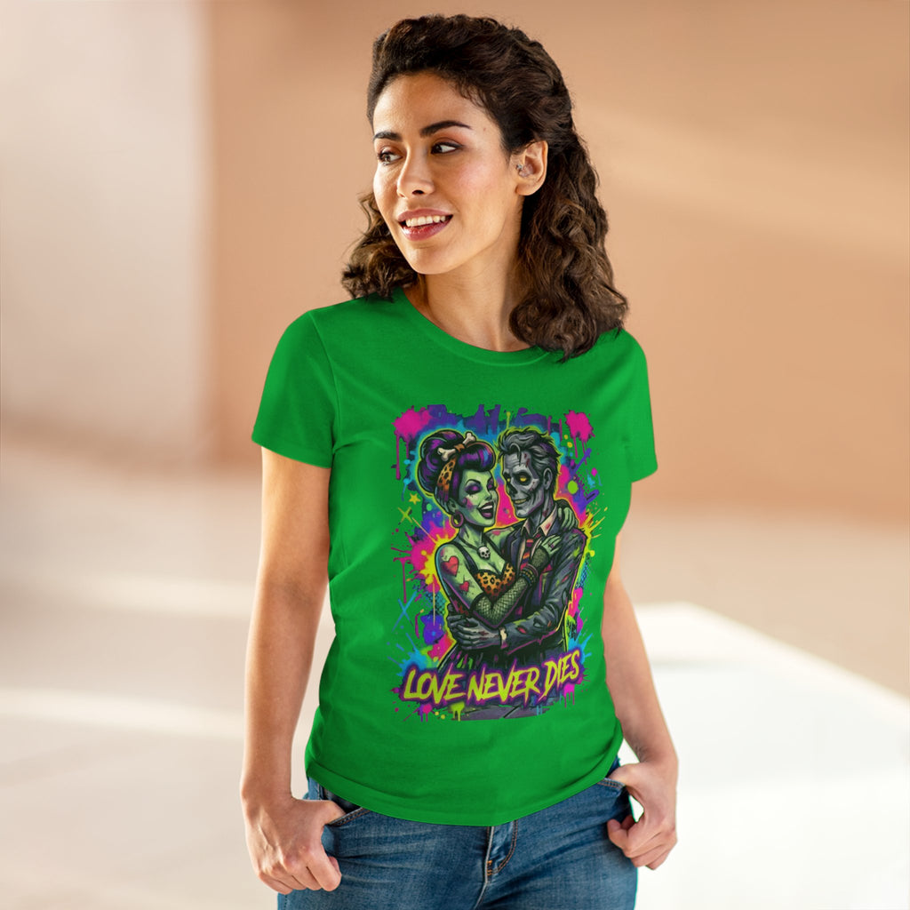 Women's Tee — Neon Zombie Couple "Love Never Dies" Graphic