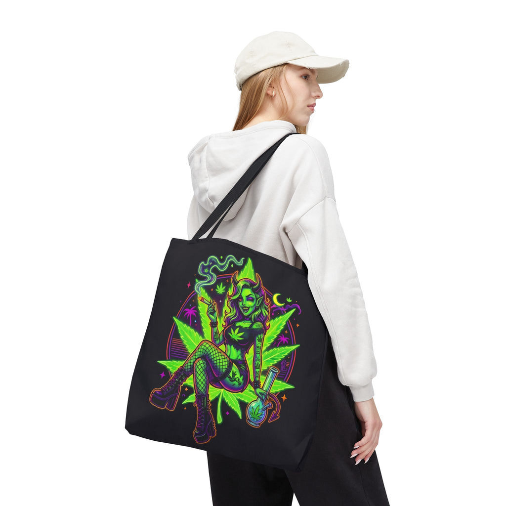 Psychedelic Witch Tote Bag — Neon Cannabis Pinup All-Over Print