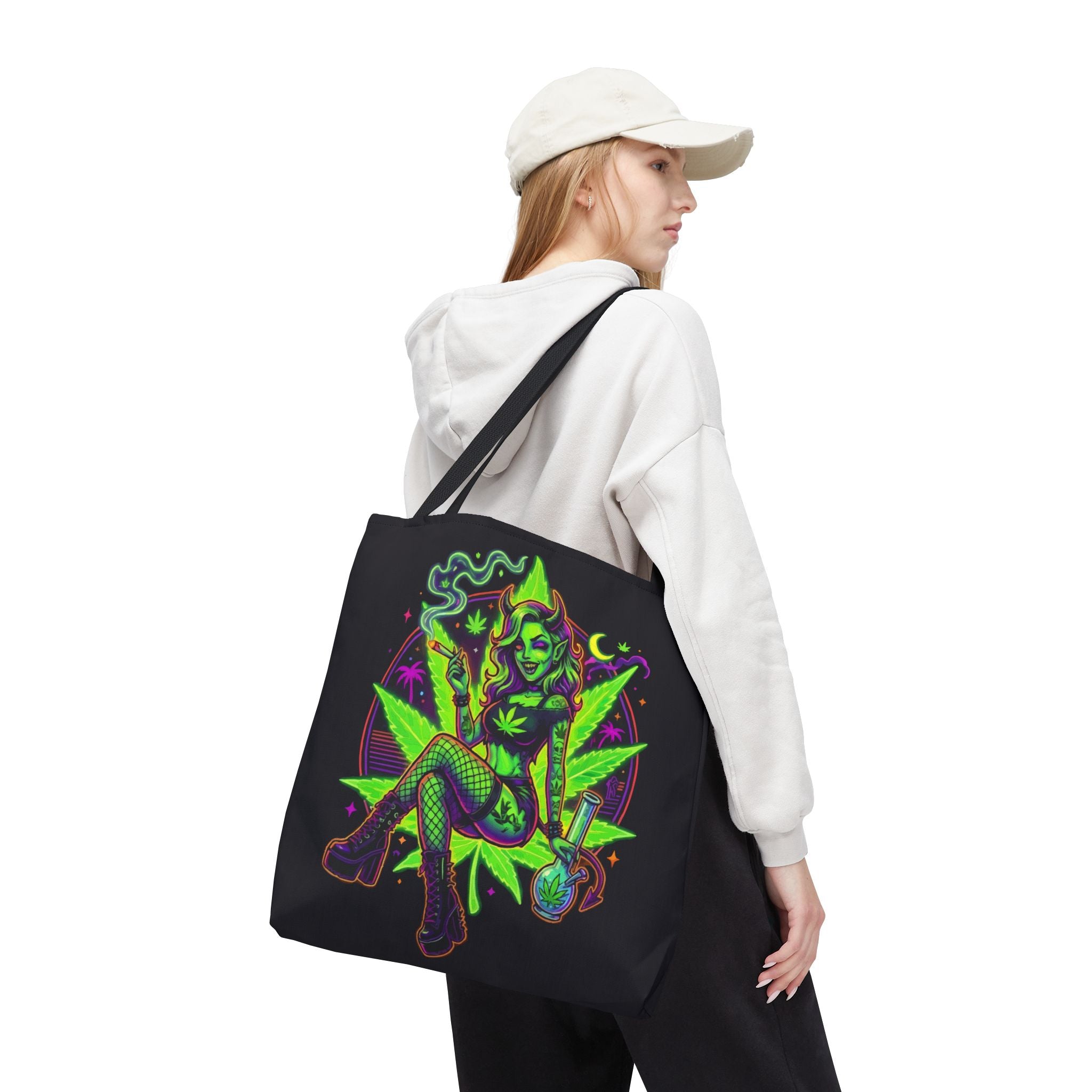 Psychedelic Witch Tote Bag — Neon Cannabis Pinup All-Over Print
