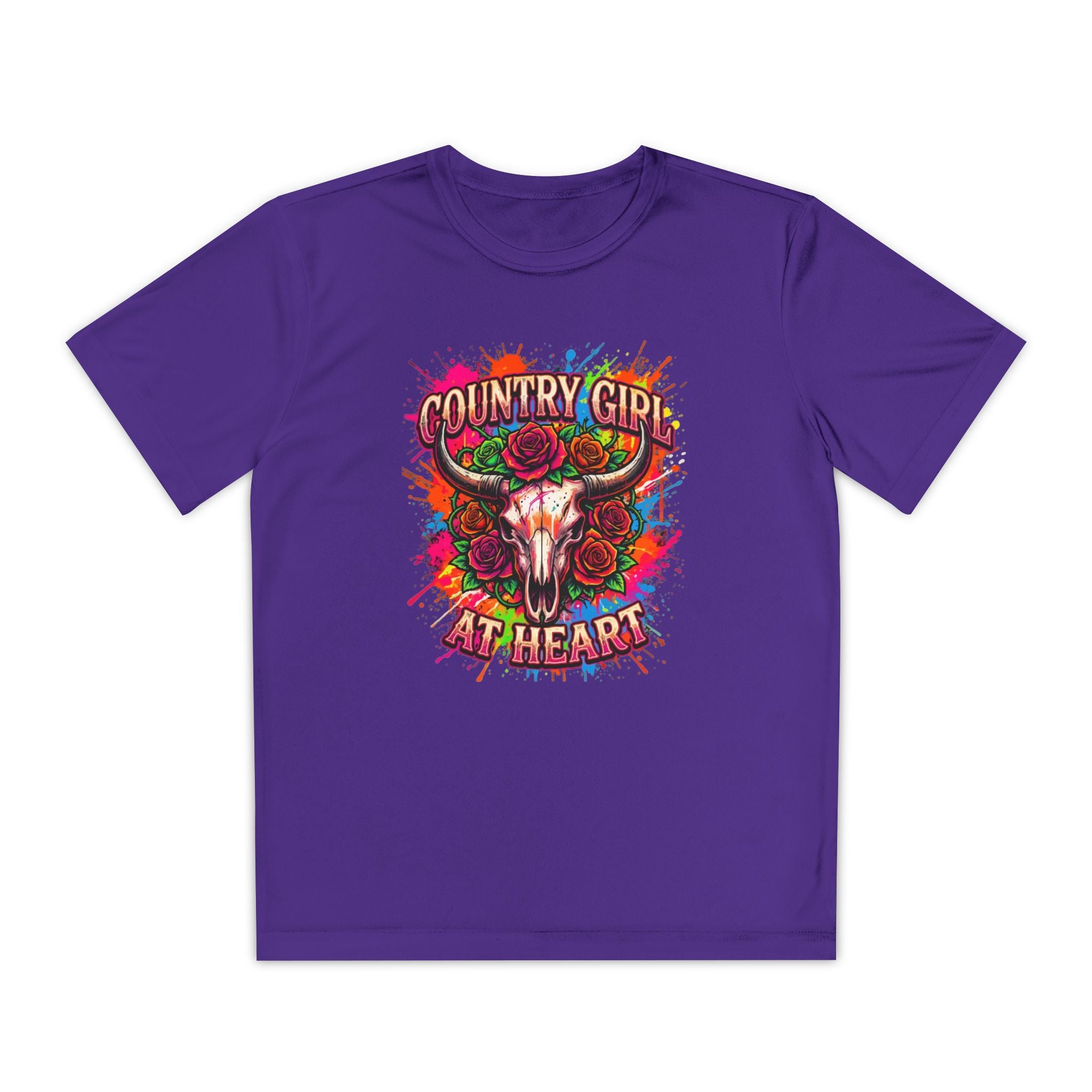 Youth T-Shirt — "Country Girl at Heart" Floral Bull Skull Graphic