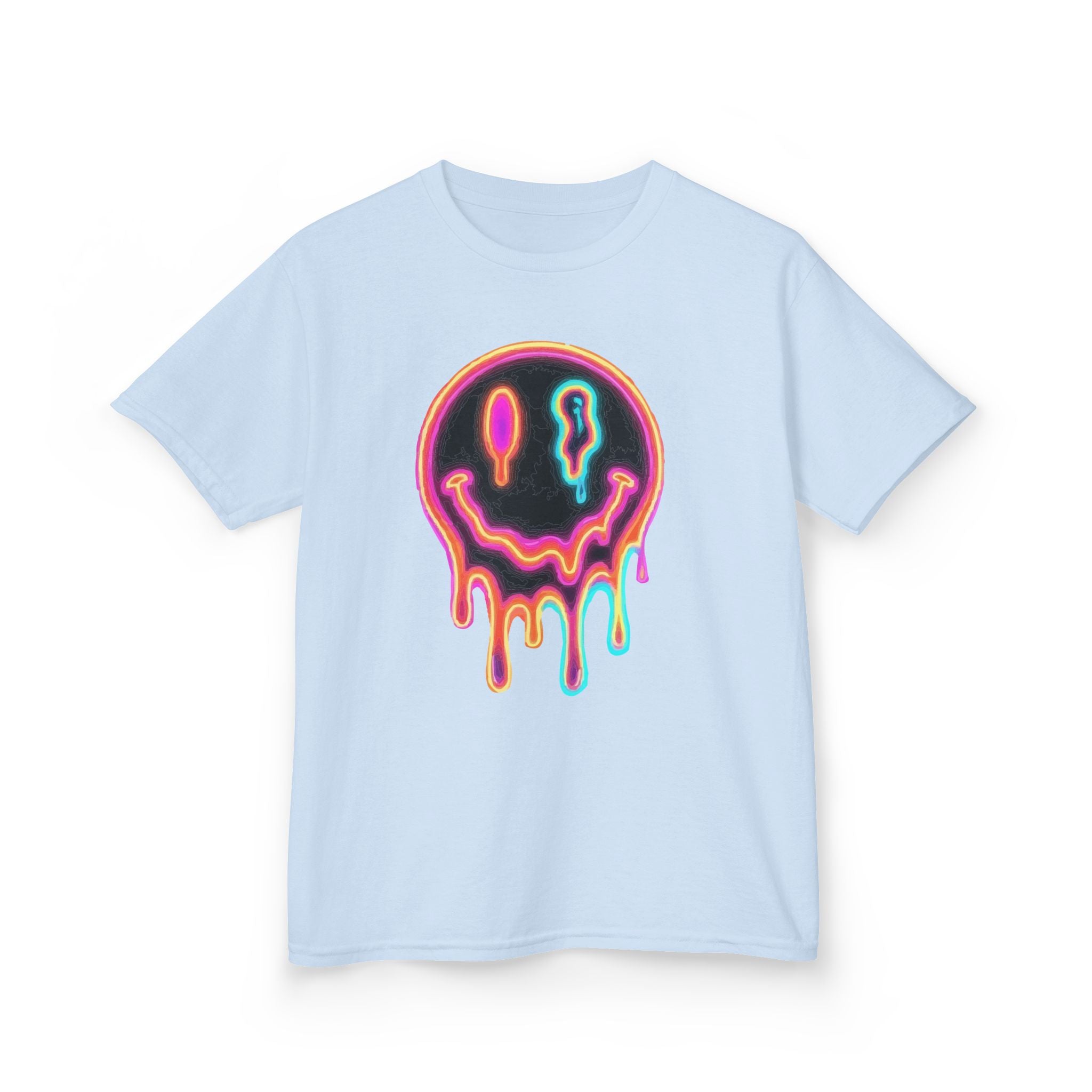 Kids Neon Drip Smiley T-Shirt — Colorful Melting Emoji Tee for Boys & Girls