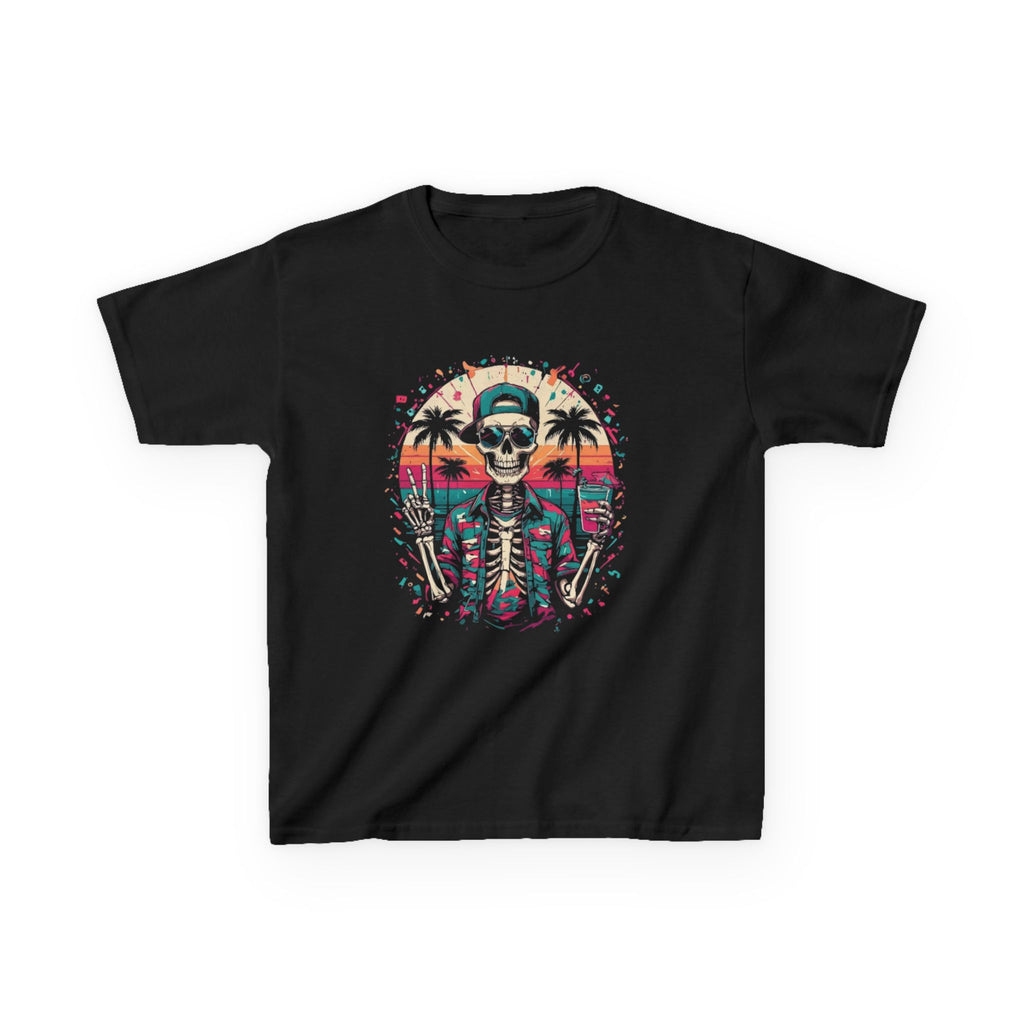 Kids Tee — Retro Beach Skeleton Graphic (Skull, Palm Trees, Sunset)