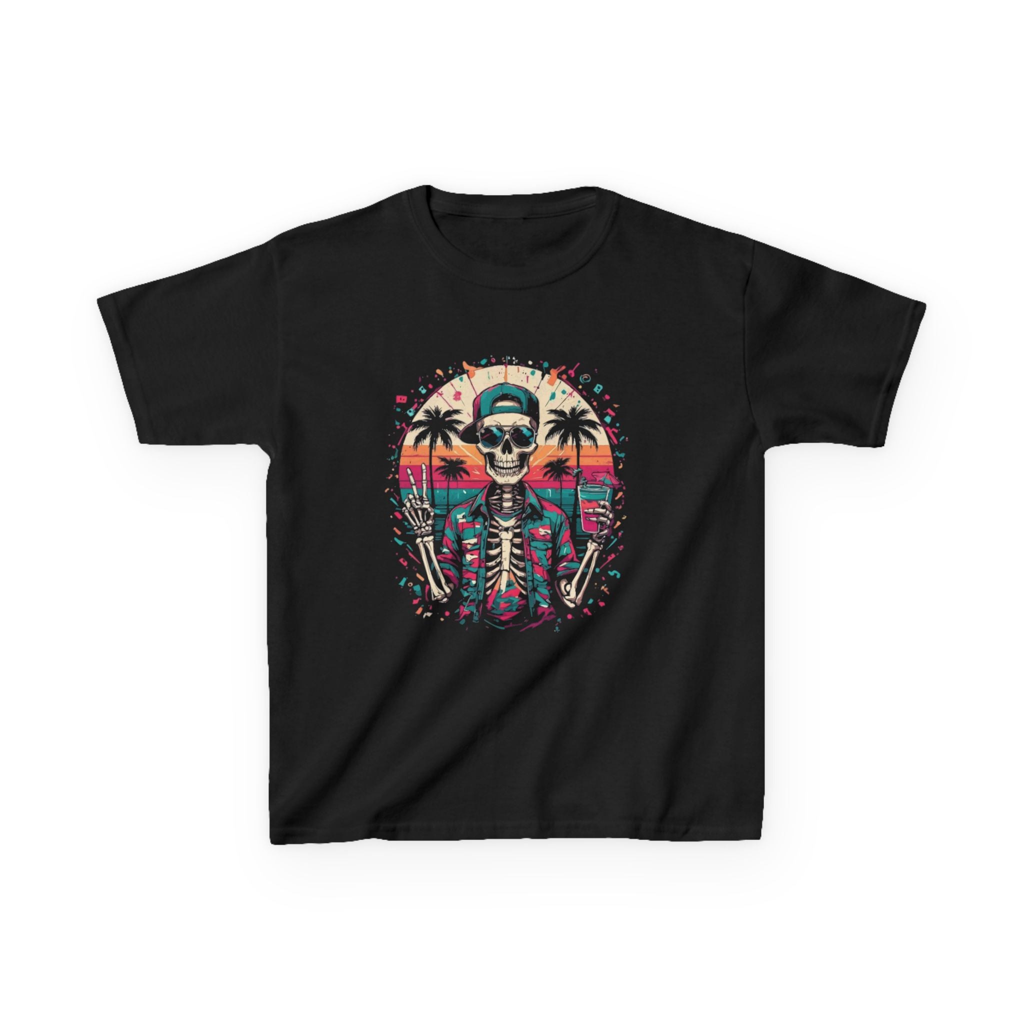Kids Tee — Retro Beach Skeleton Graphic (Skull, Palm Trees, Sunset)