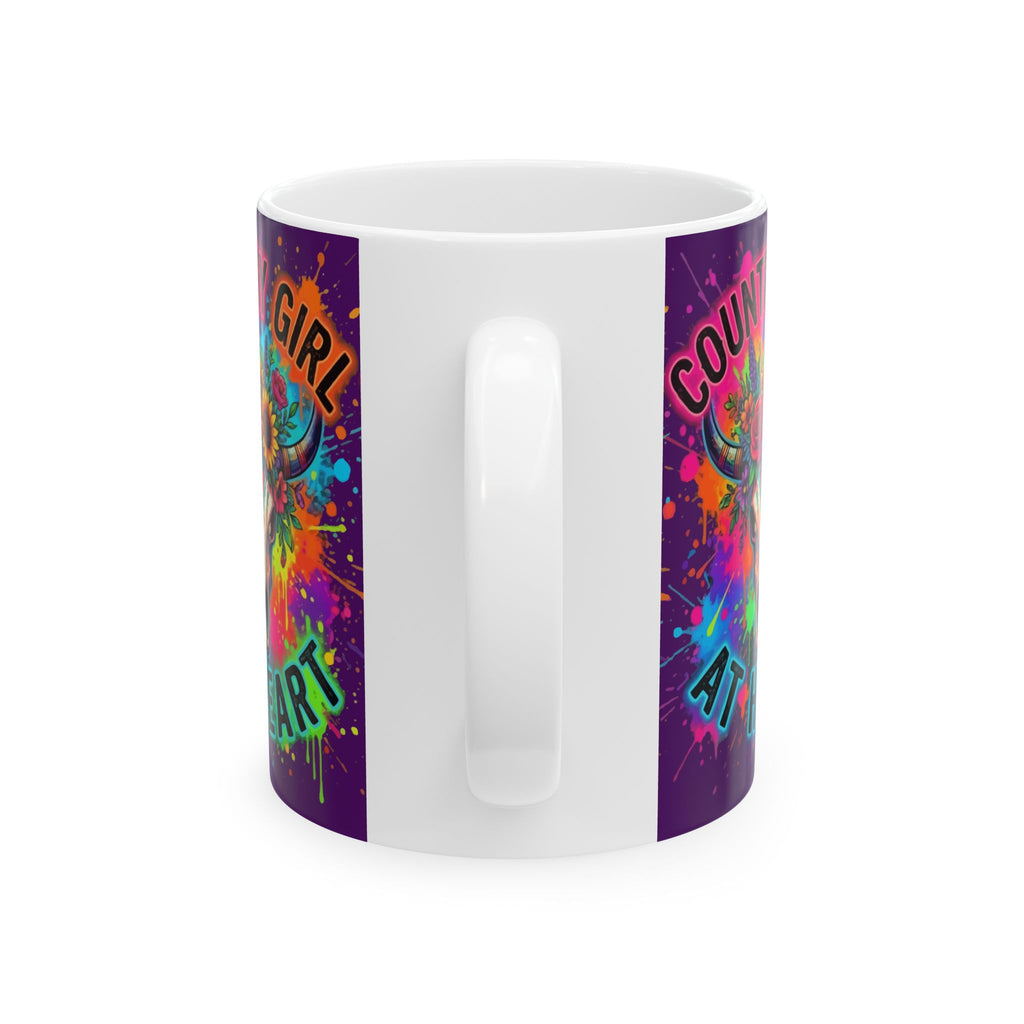 Country Girl At Heart Ceramic Mug — Colorful Floral Cow Skull Coffee Cup (11oz, 15oz)