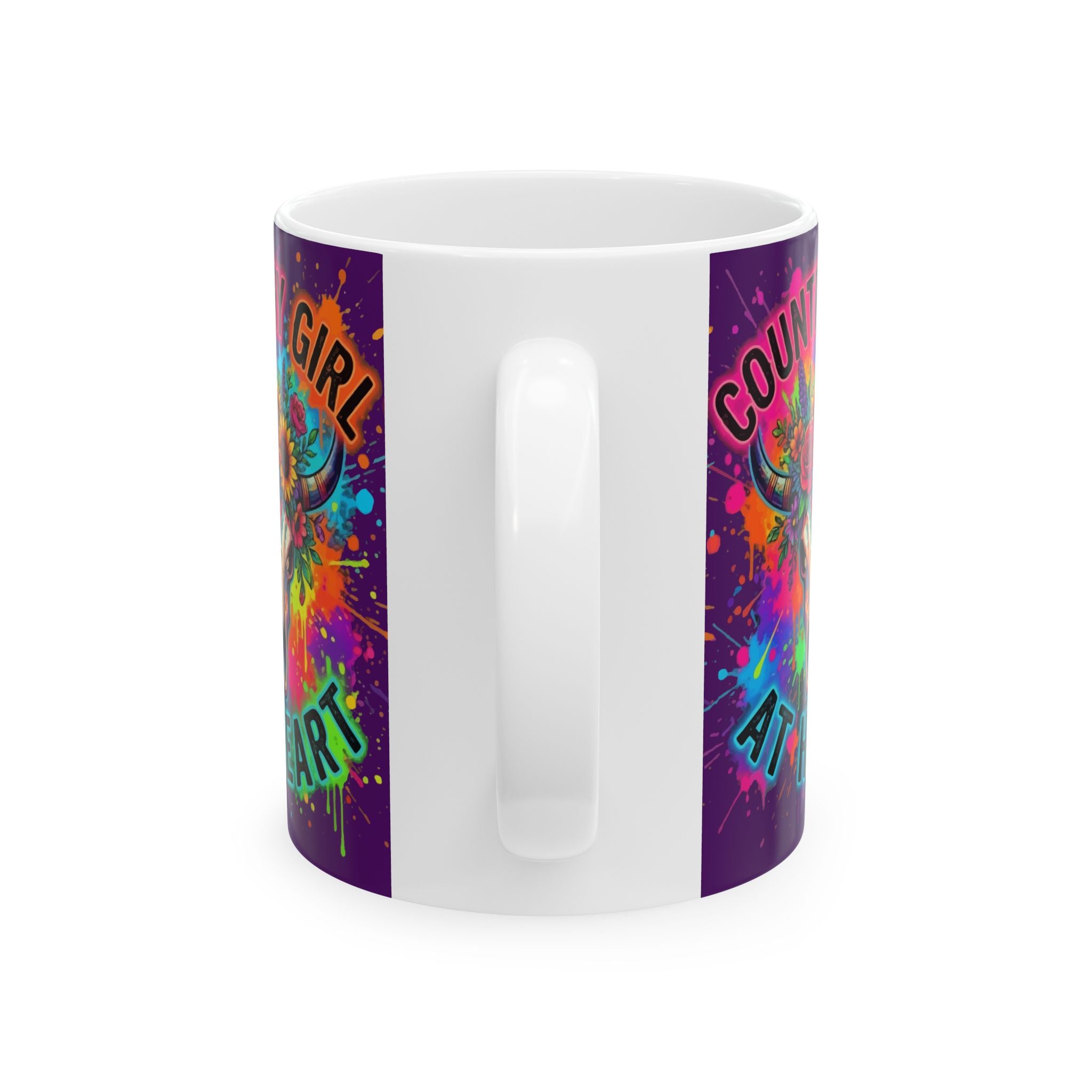 Country Girl At Heart Ceramic Mug — Colorful Floral Cow Skull Coffee Cup (11oz, 15oz)