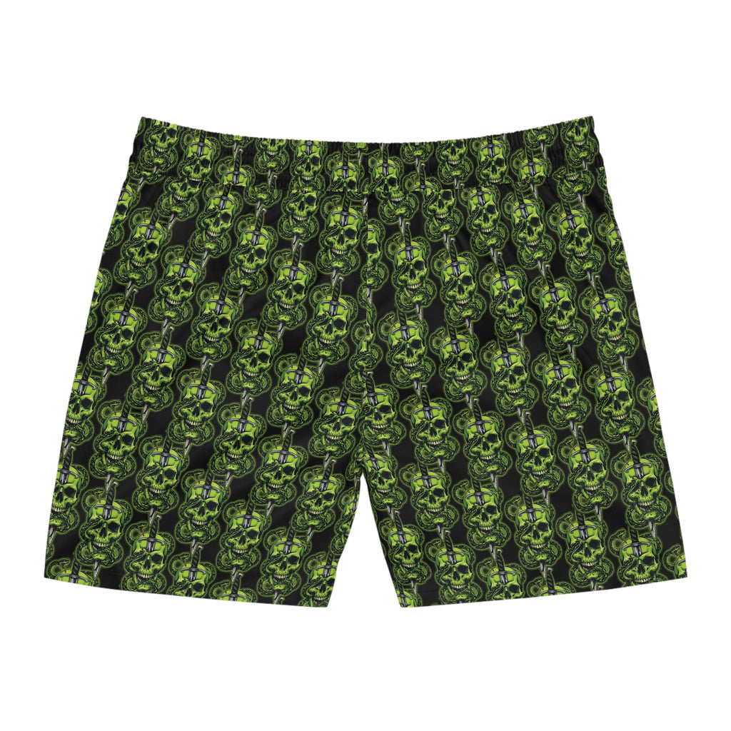 Men's Green Skull & Dagger Swim Shorts - Gothic All-Over Print
