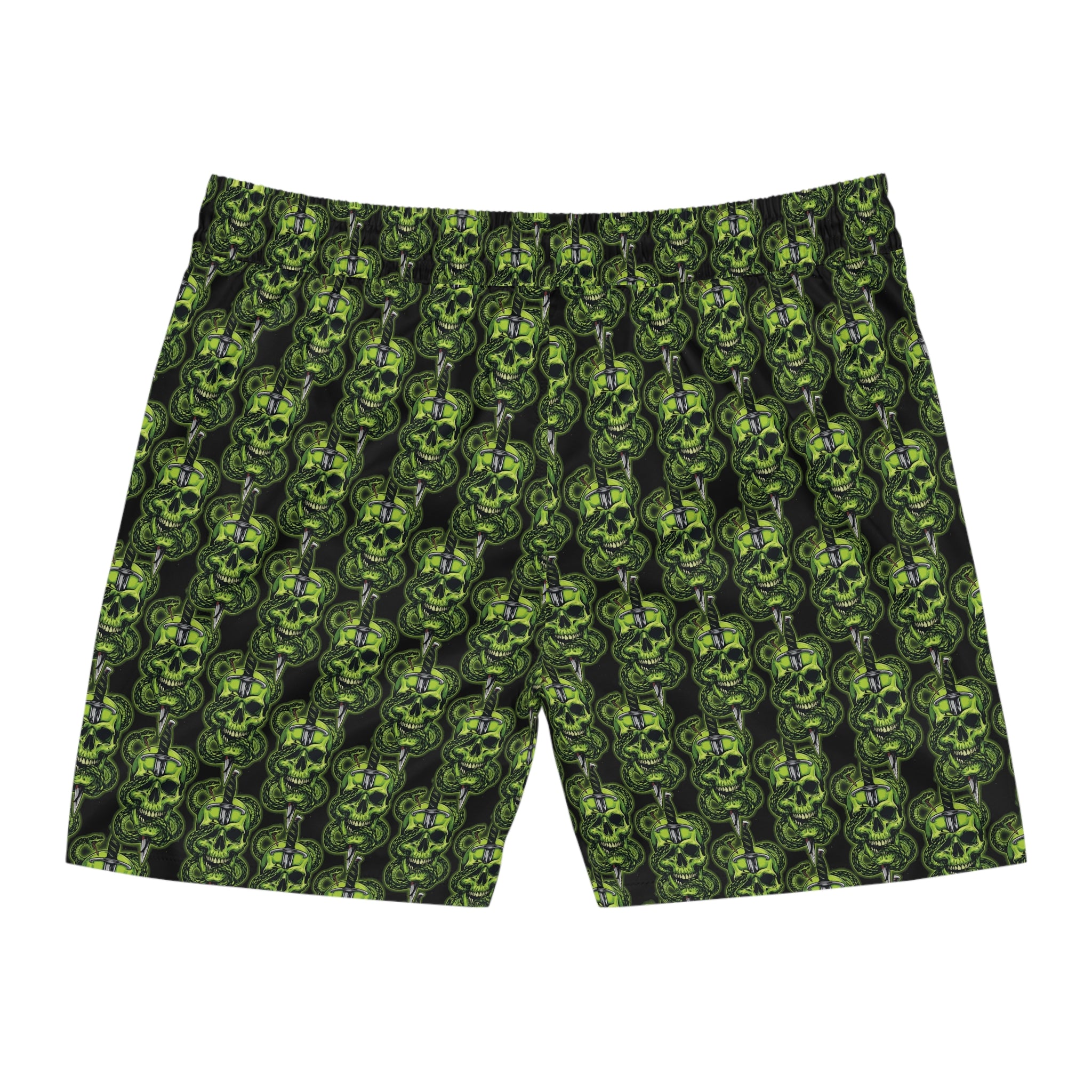 Men's Green Skull & Dagger Swim Shorts - Gothic All-Over Print