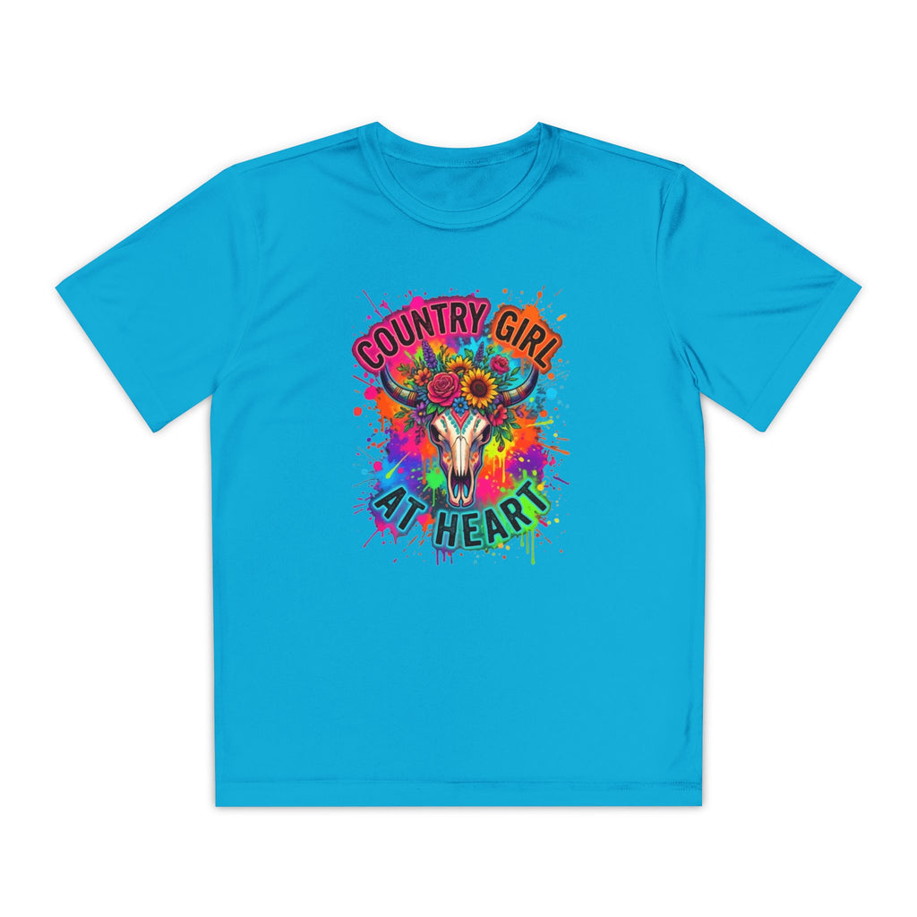 Country Girl at Heart Youth Tee — Colorful Floral Bull Skull Graphic