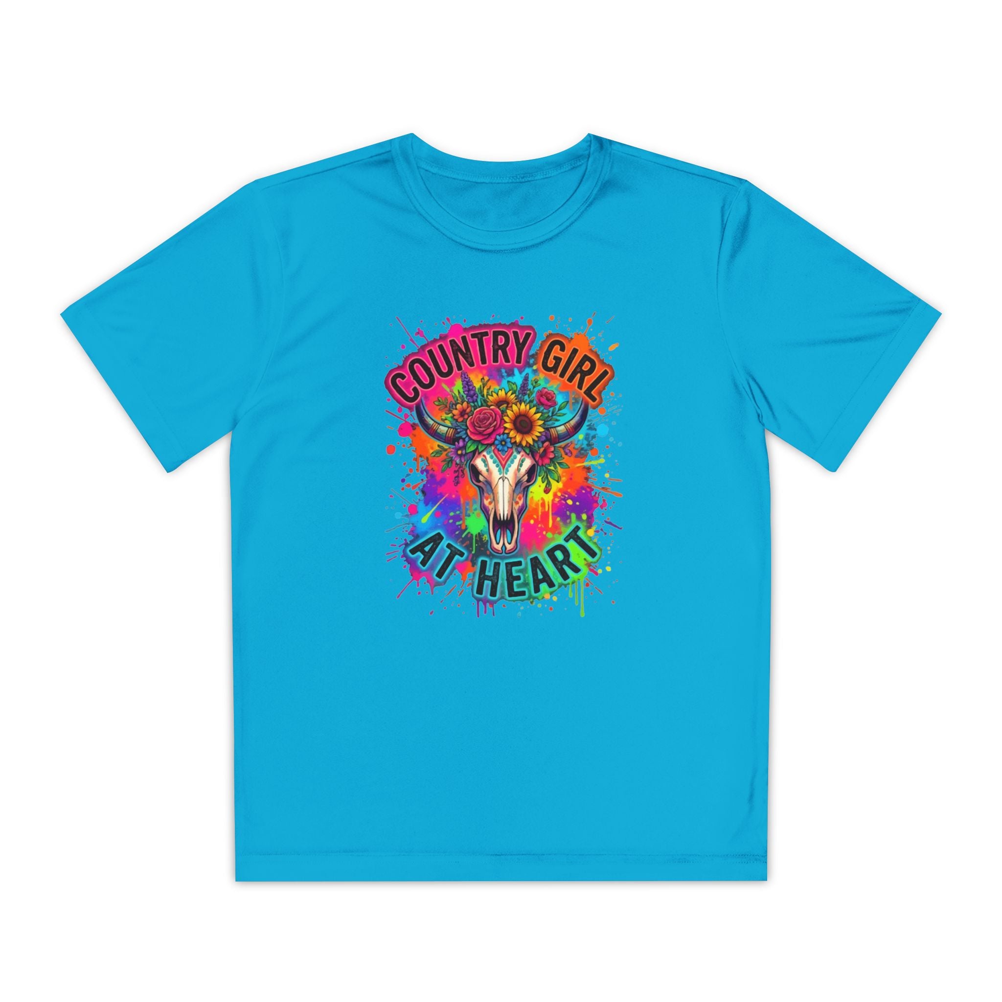 Country Girl at Heart Youth Tee — Colorful Floral Bull Skull Graphic