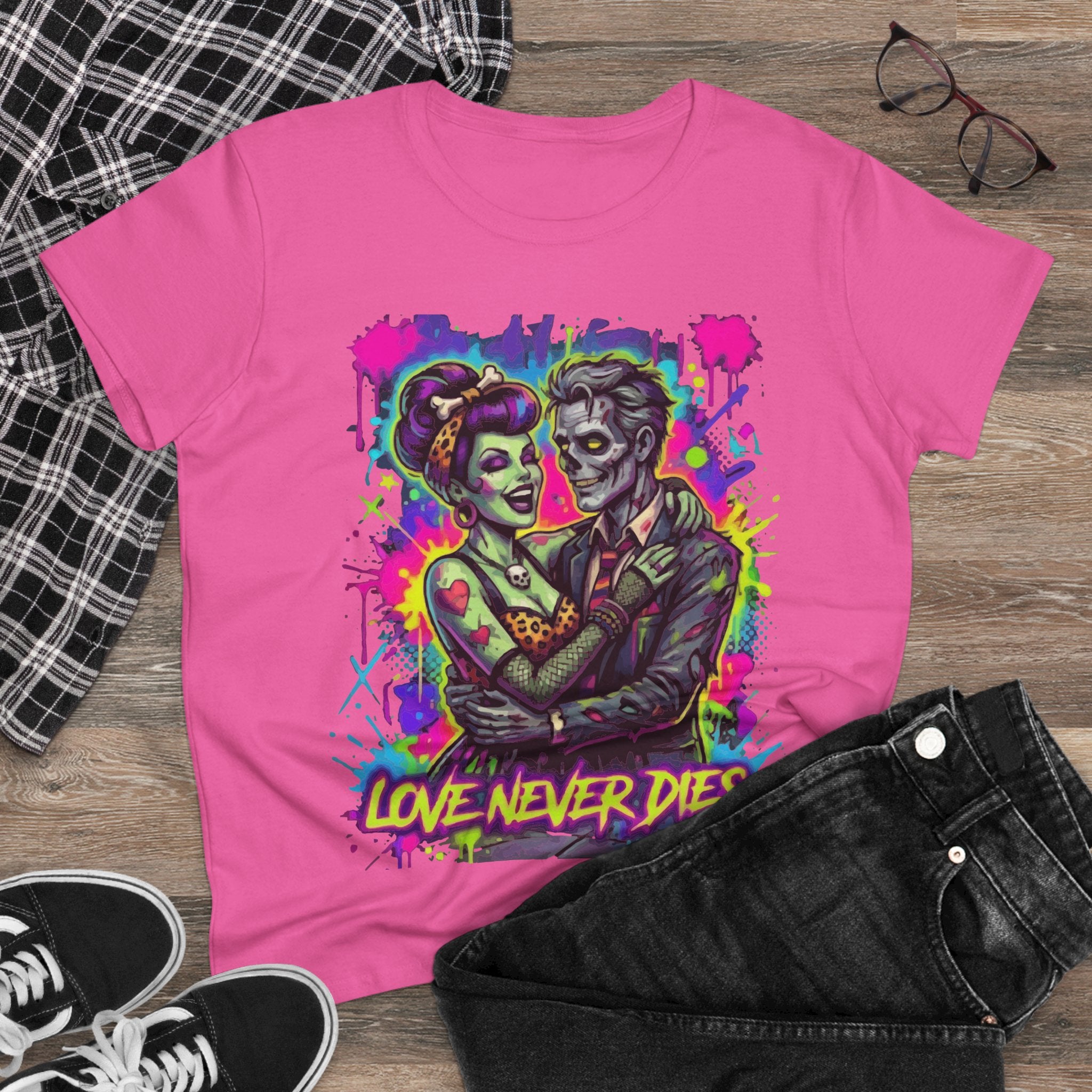 Women's Tee — Neon Zombie Couple "Love Never Dies" Graphic