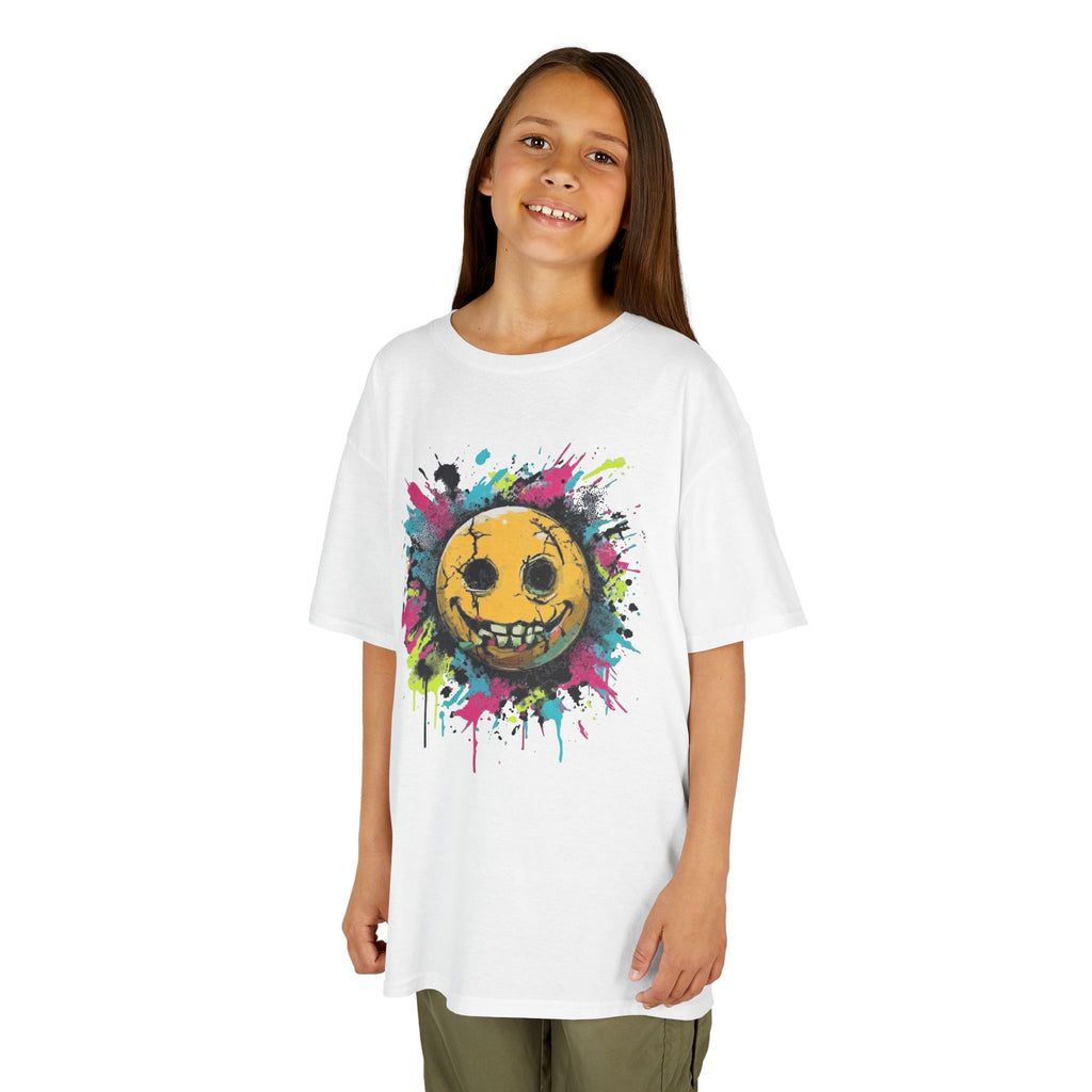 Kids T-Shirt — Colorful Grunge Smiley Face Tee (Splatter Paint Skull Smile)