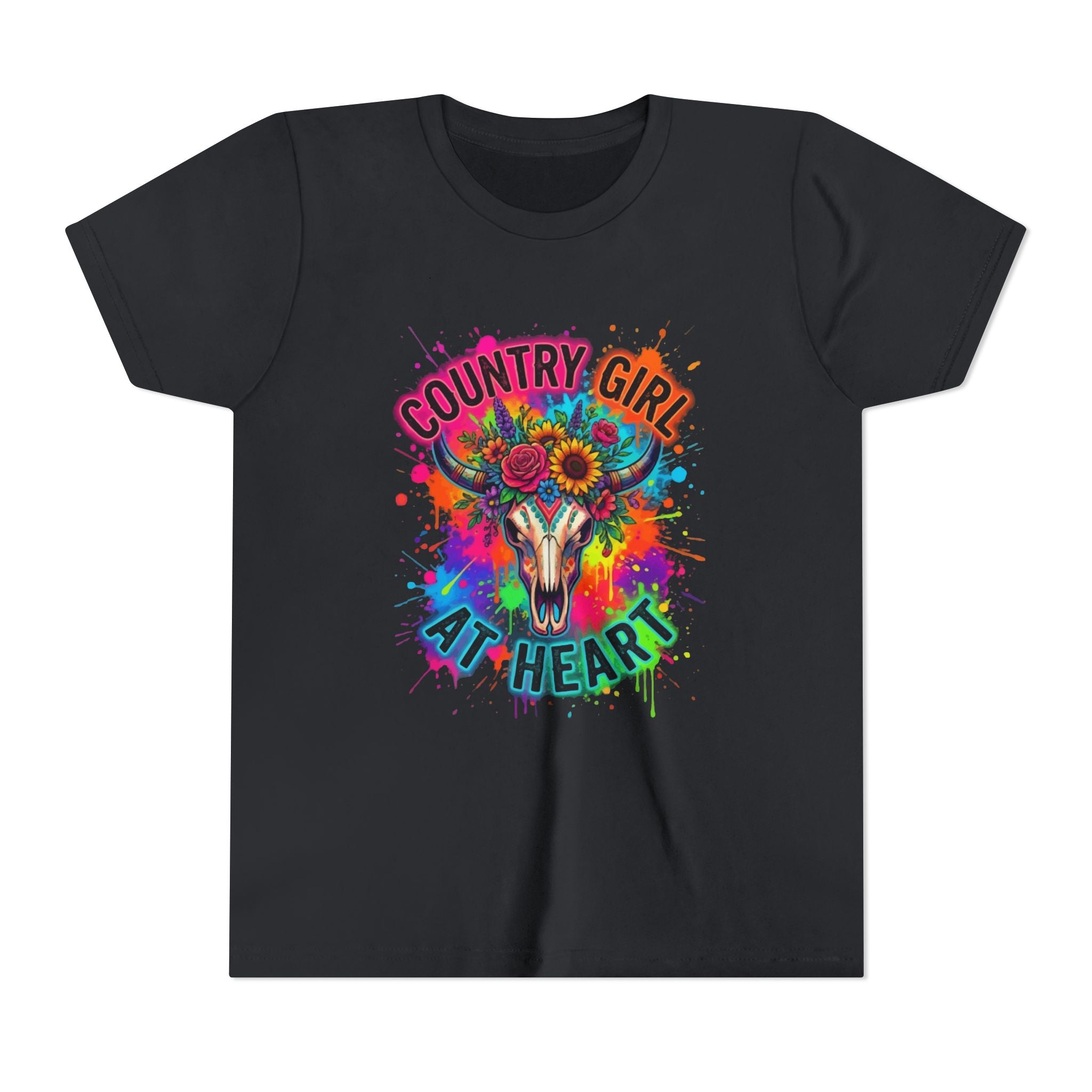 Youth Tee — "Country Girl at Heart" Colorful Cow Skull Graphic
