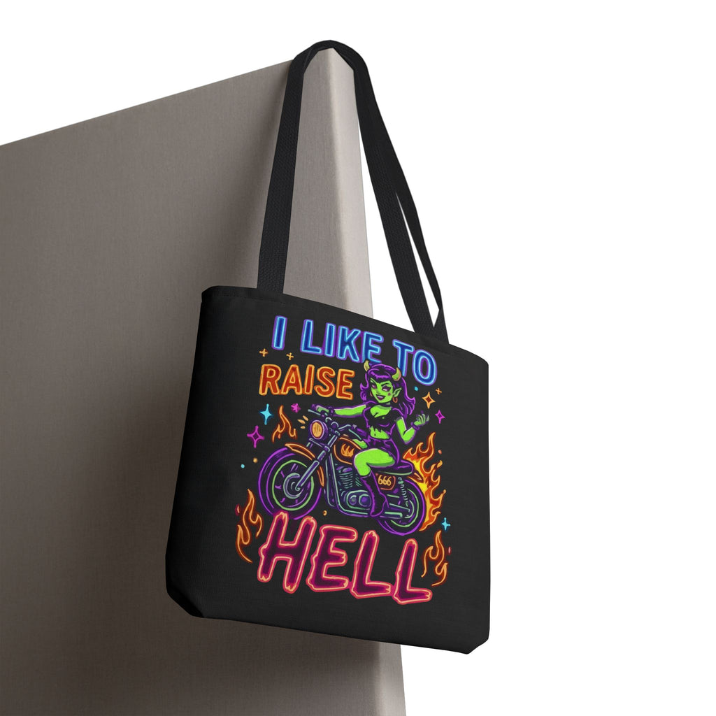 I Like to Raise Hell Motorcycle Tote Bag — Neon Biker Cat Graphic