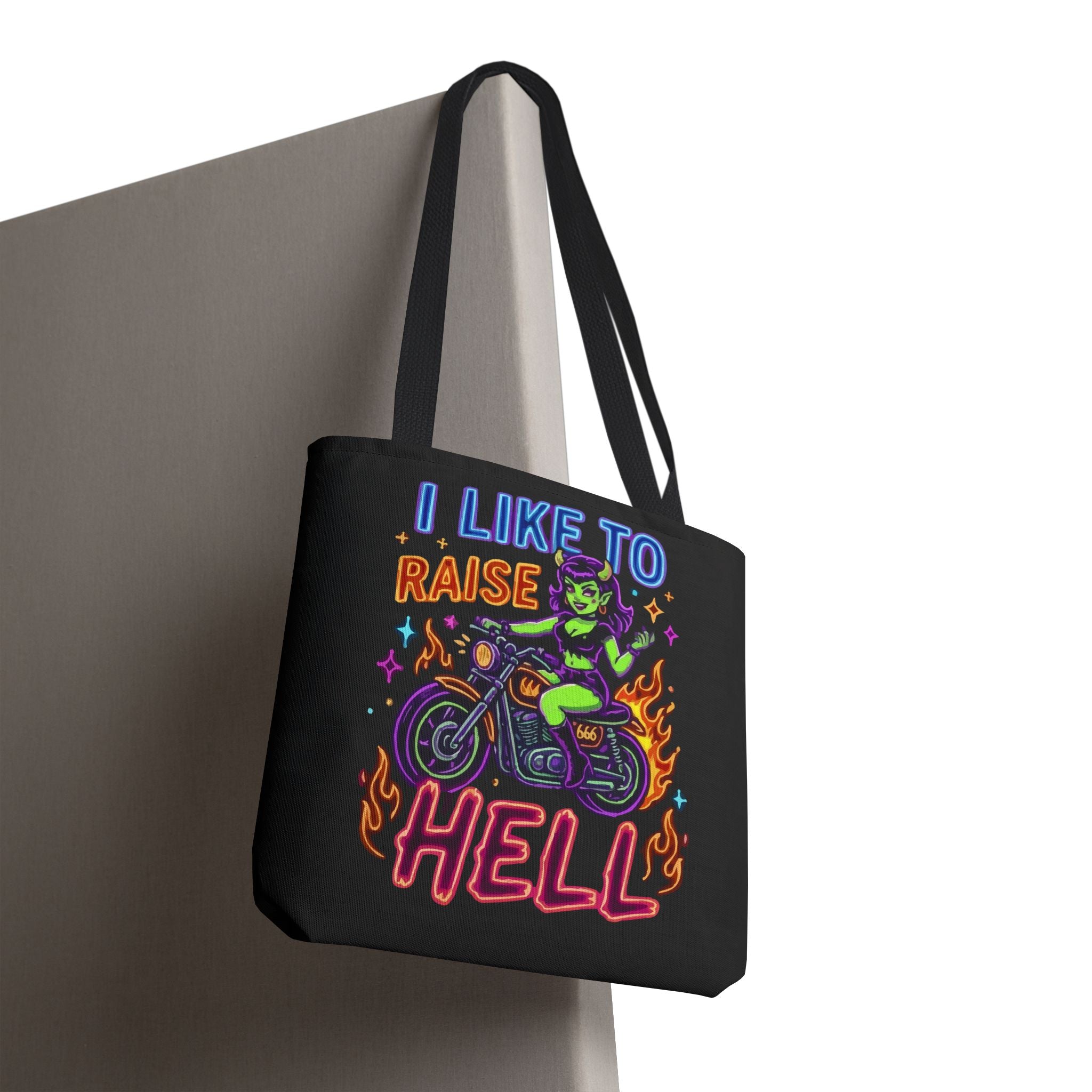 I Like to Raise Hell Motorcycle Tote Bag — Neon Biker Cat Graphic