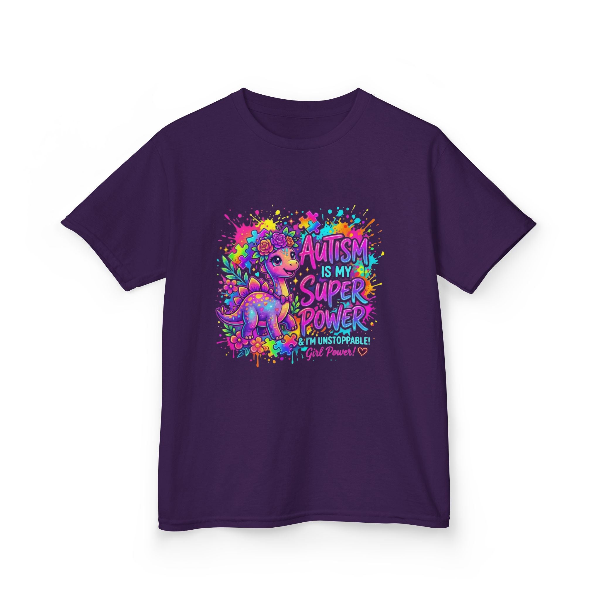 Kids Tee — "Autism Is My Superpower" Colorful Dino Autism Awareness Shirt