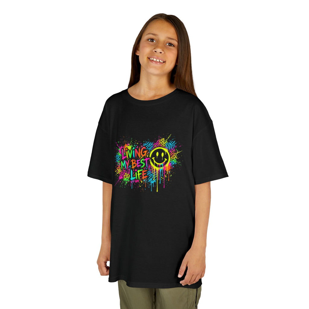 Kids T-Shirt — 'Living My Best Life' Neon Paint Smiley Graphic