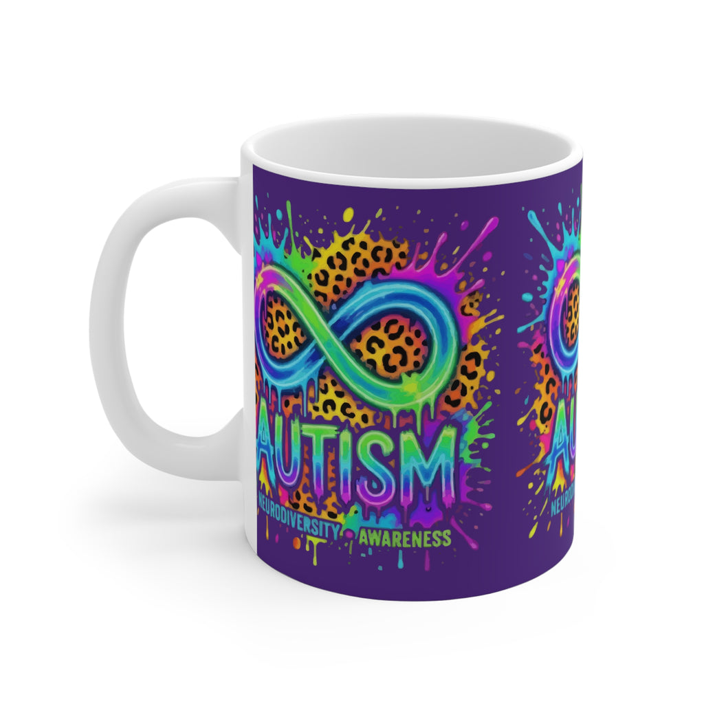 Autism Neurodiversity Awareness Mug — Rainbow Infinity Leopard Design (11oz)
