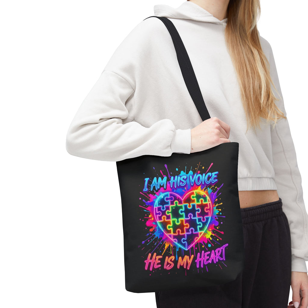 Autism Awareness Tote Bag — "I Am His Voice, He Is My Heart" Colorful Puzzle Heart