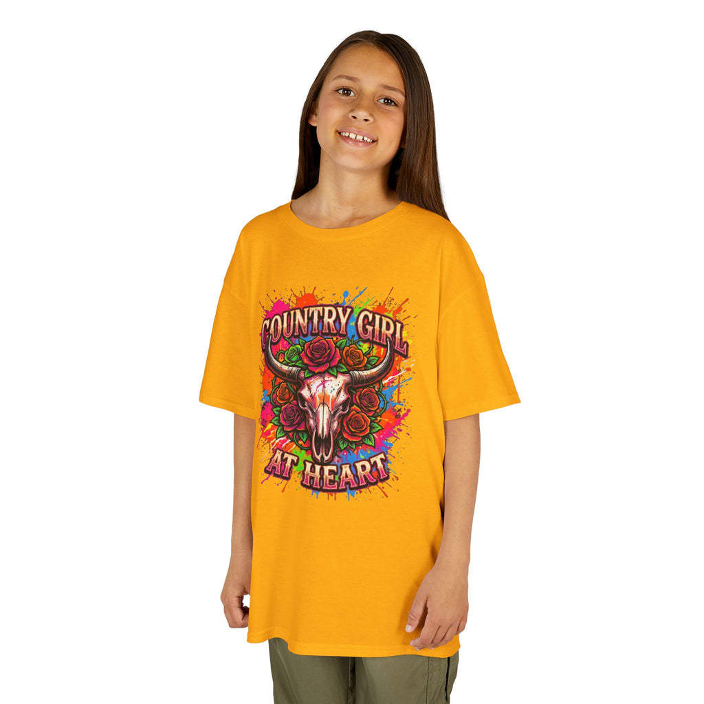 Kids T-Shirt — "Country Girl at Heart" Colorful Cow Skull Tee