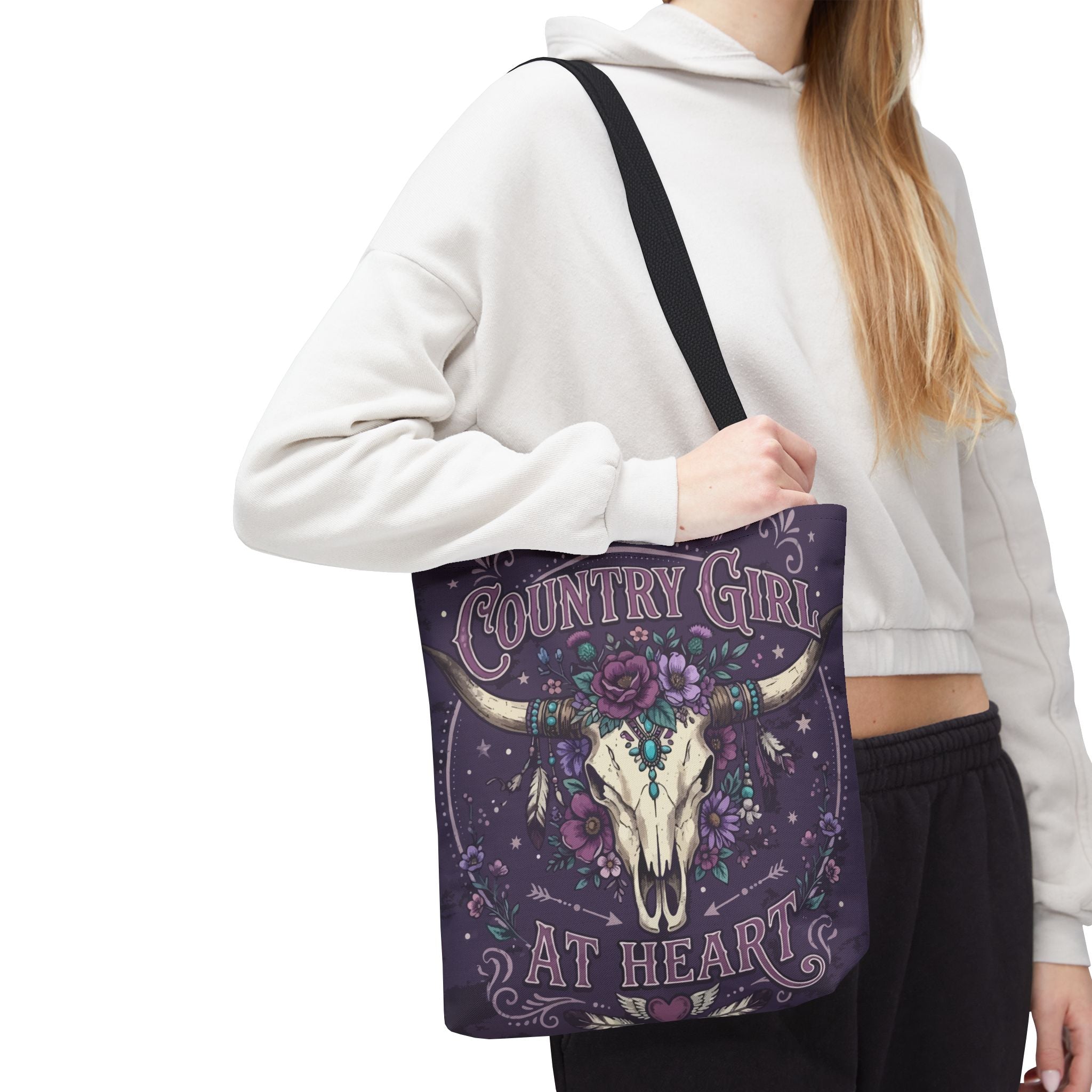 Country Girl at Heart Tote Bag — Floral Bull Skull All-Over Print