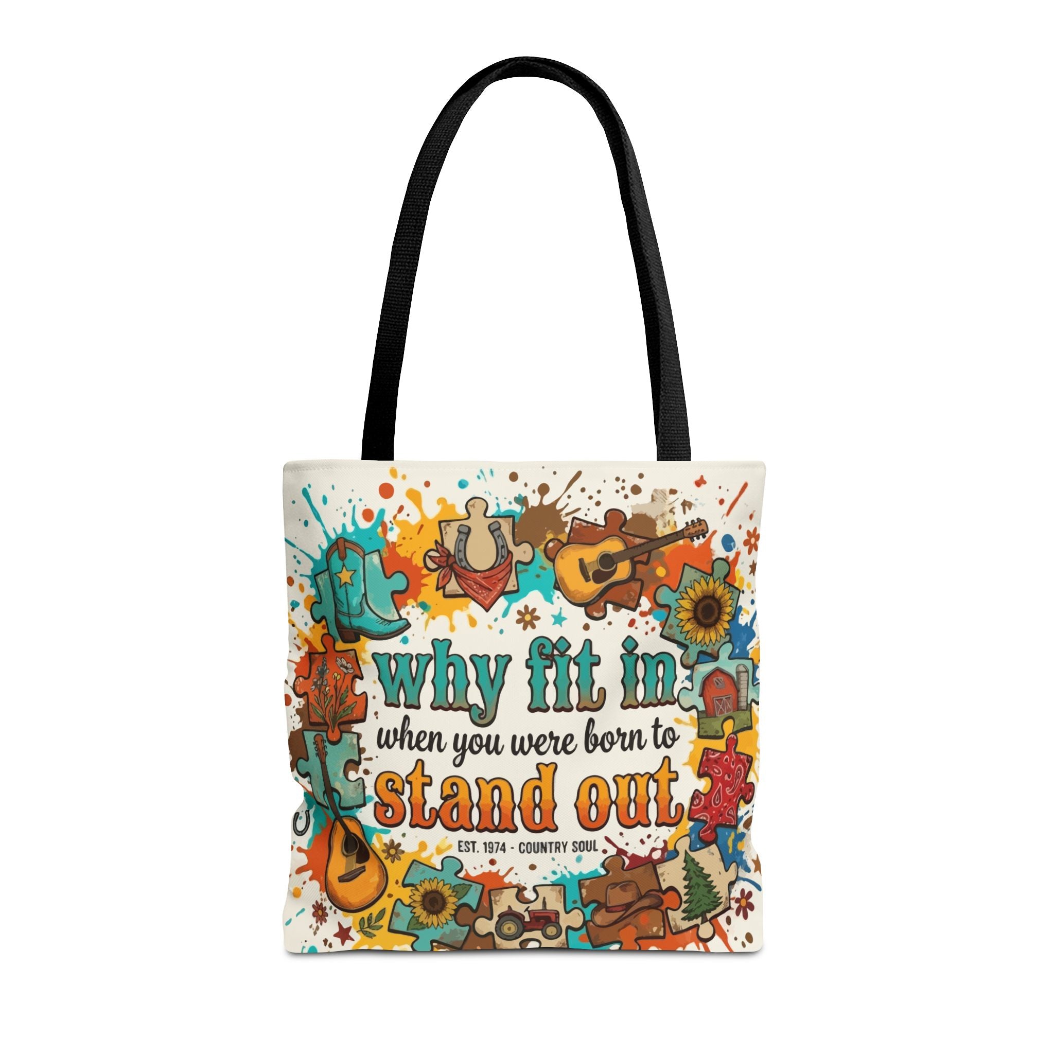 Stand Out Tote Bag — "Why Fit In When You Were Born to Stand Out" Colorful Boho Guitar Design