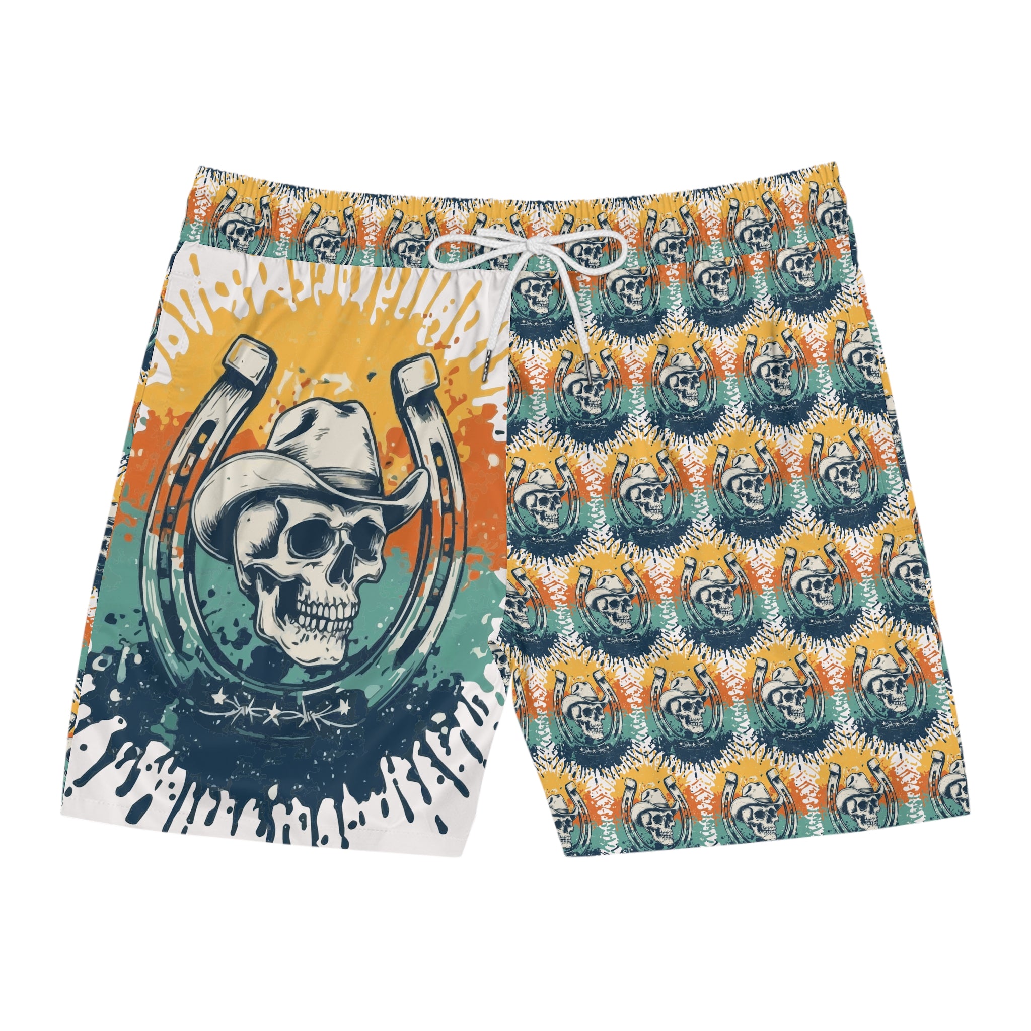 Skull Cowboy Swim Shorts – Retro Horseshoe Beach Trunks